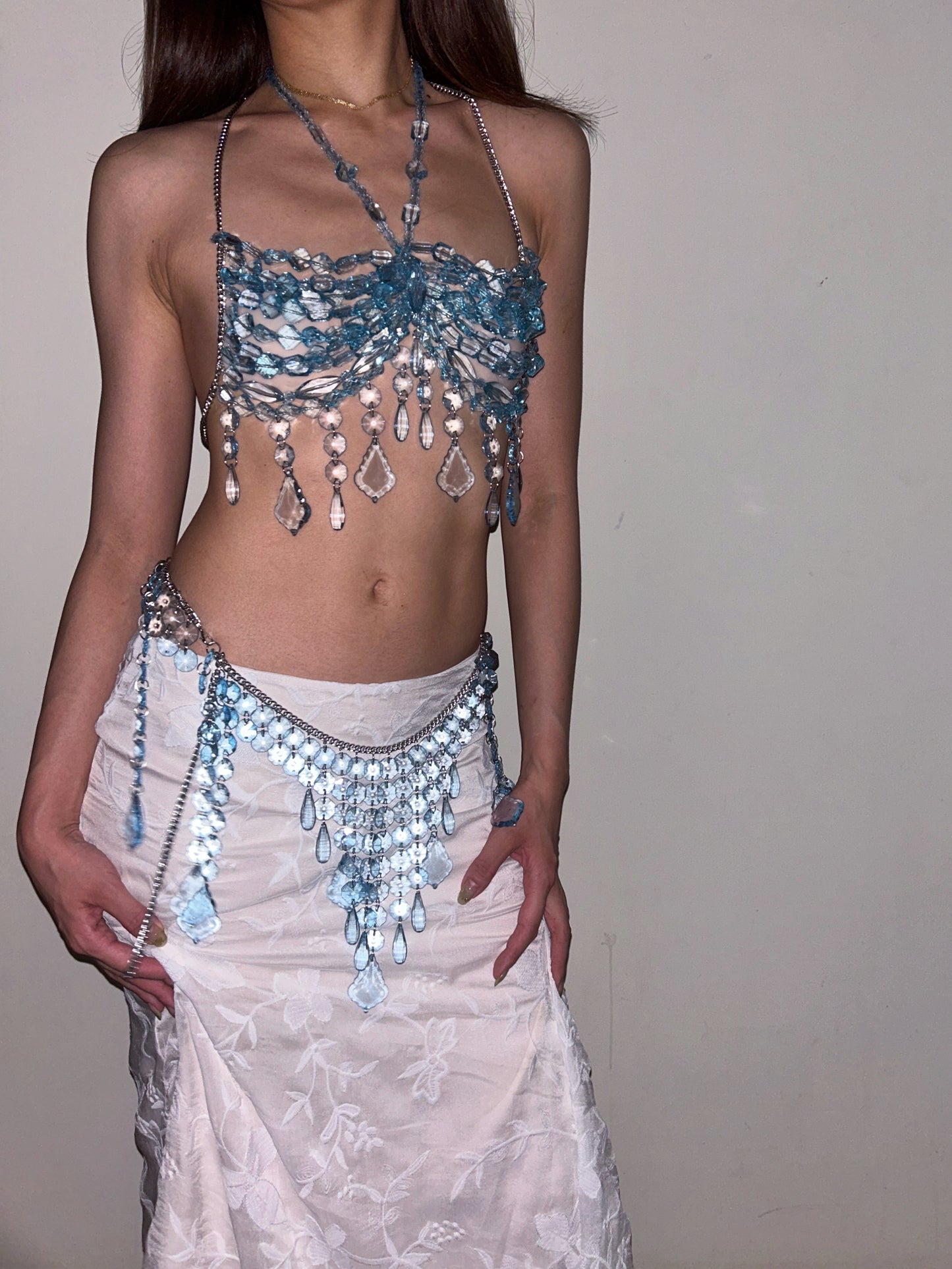 Aquamarine Body Chain Set Adjustable Crystal Layering Jewellery