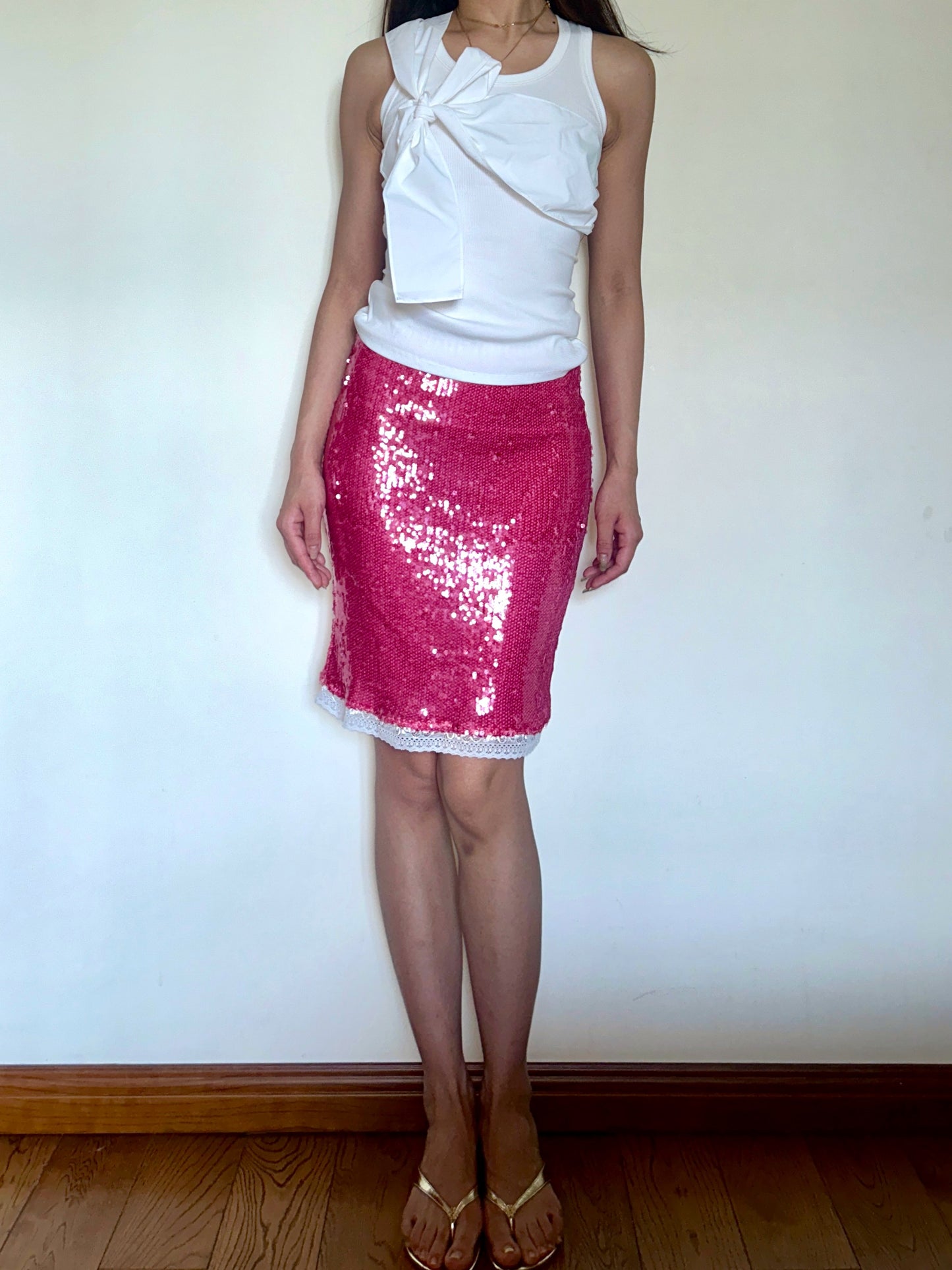 Pink Sequin Midi Skirt Metallic Lace with Stretch Fit