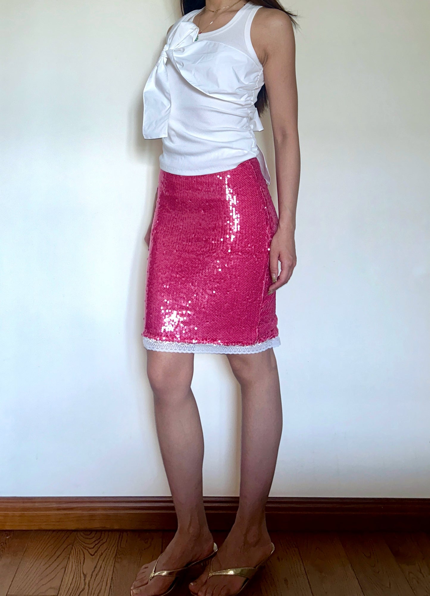 Pink Sequin Midi Skirt Metallic Lace with Stretch Fit