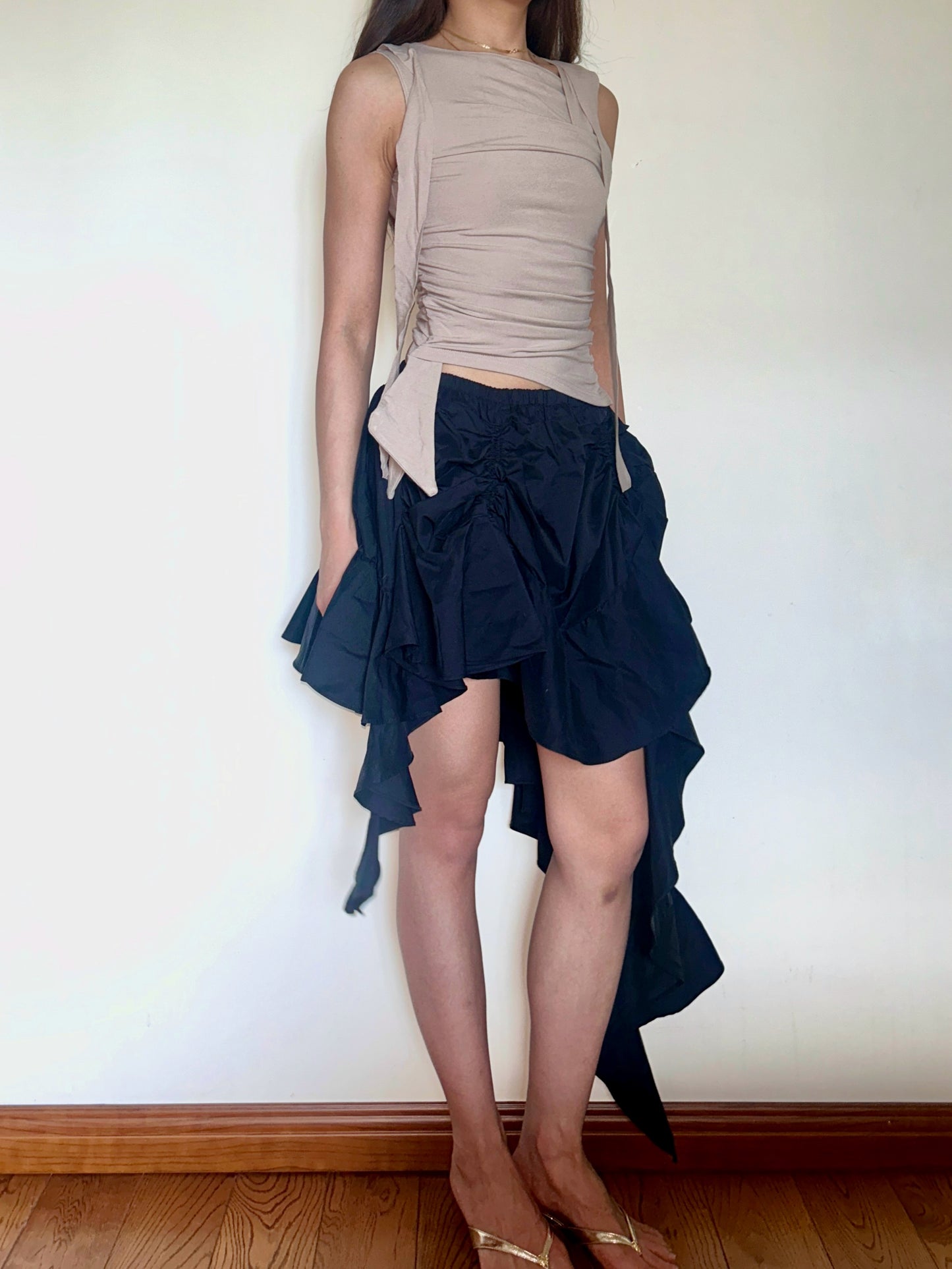Black Tiered Ruffle Midi Skirt