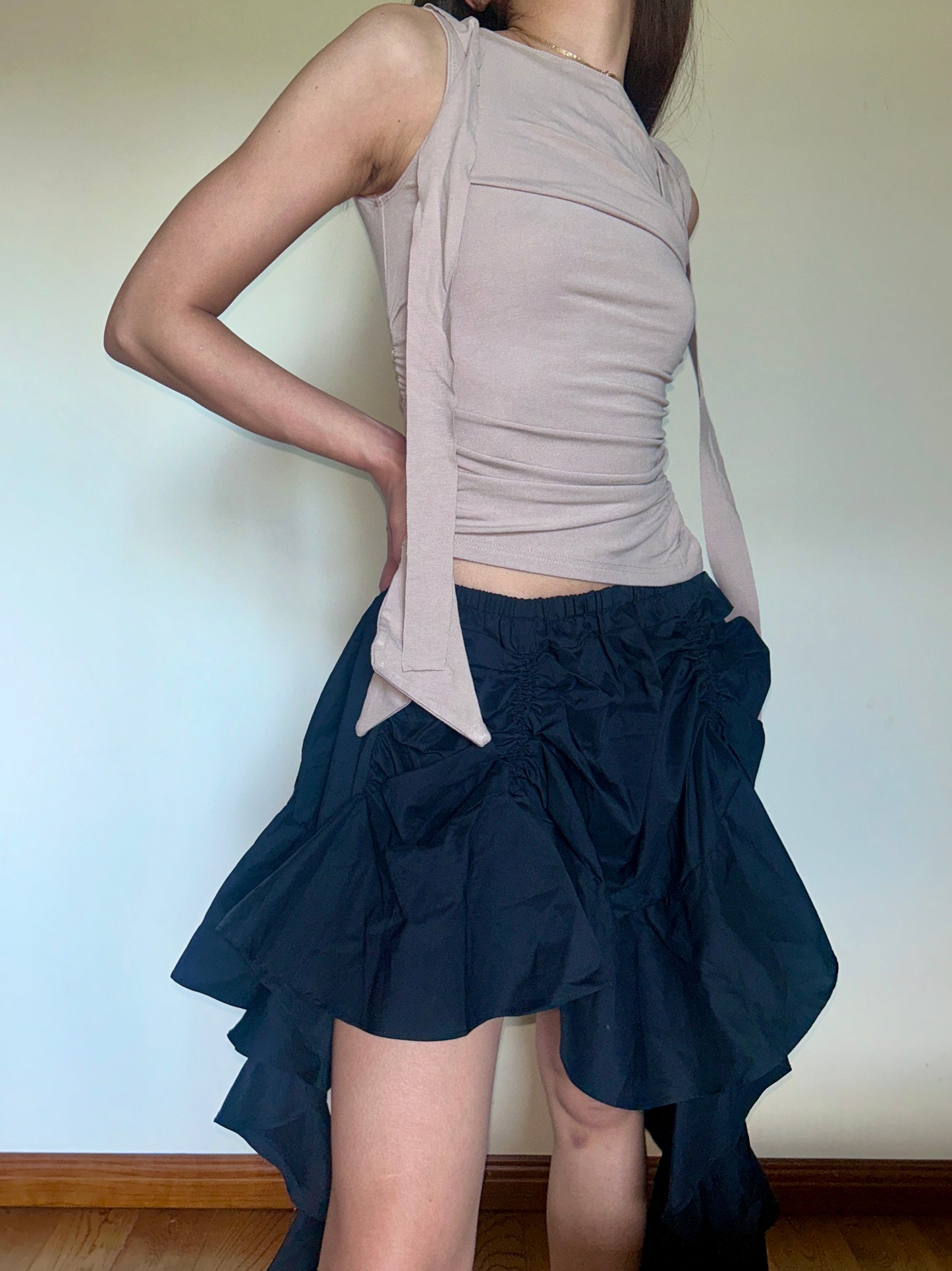 Black Tiered Ruffle Midi Skirt