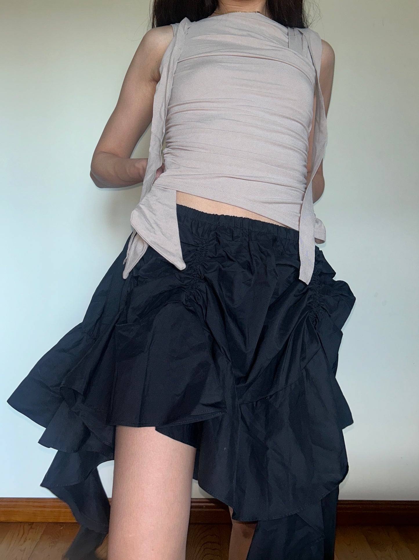 Black Tiered Ruffle Midi Skirt