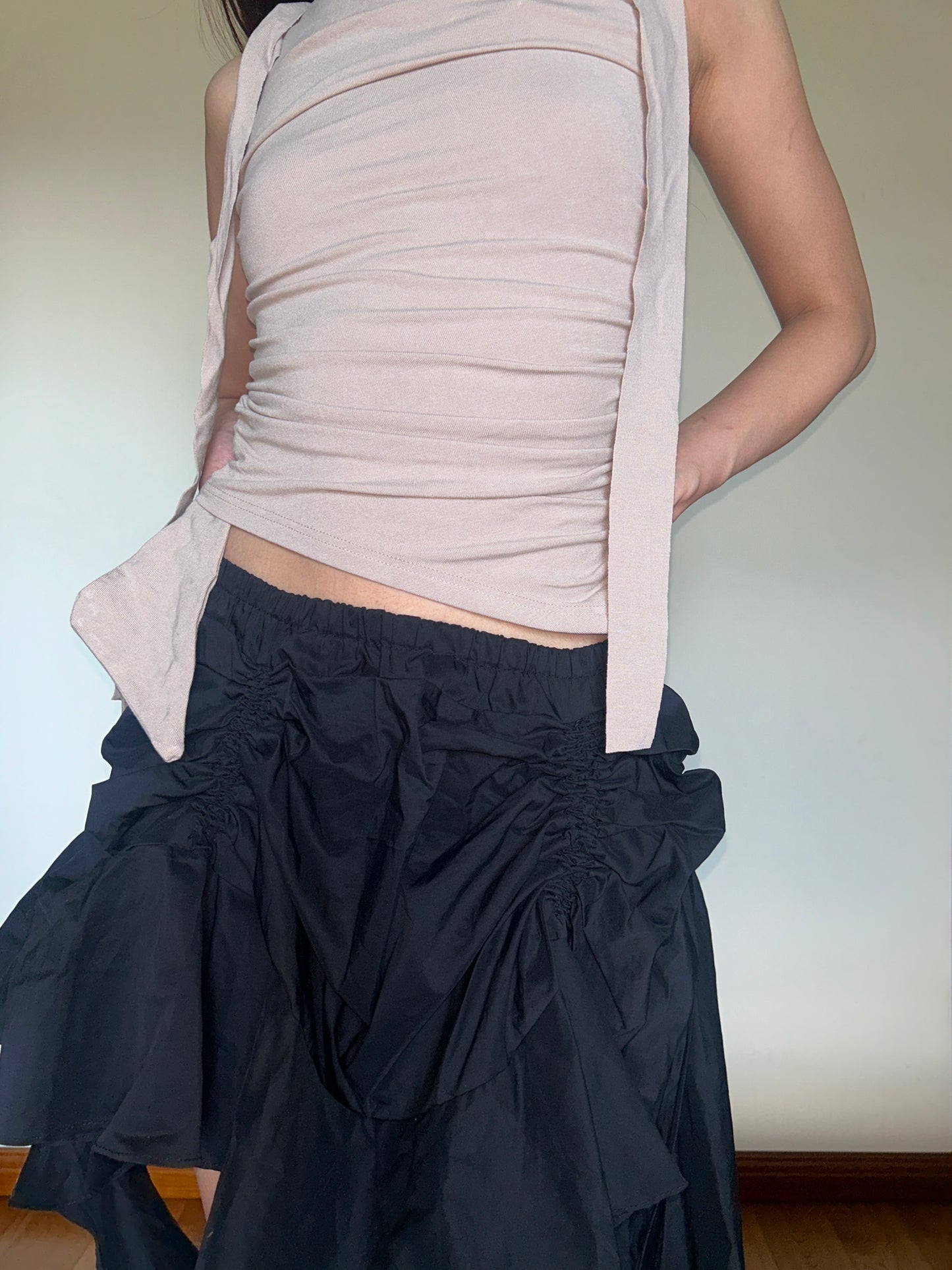 Black Tiered Ruffle Midi Skirt