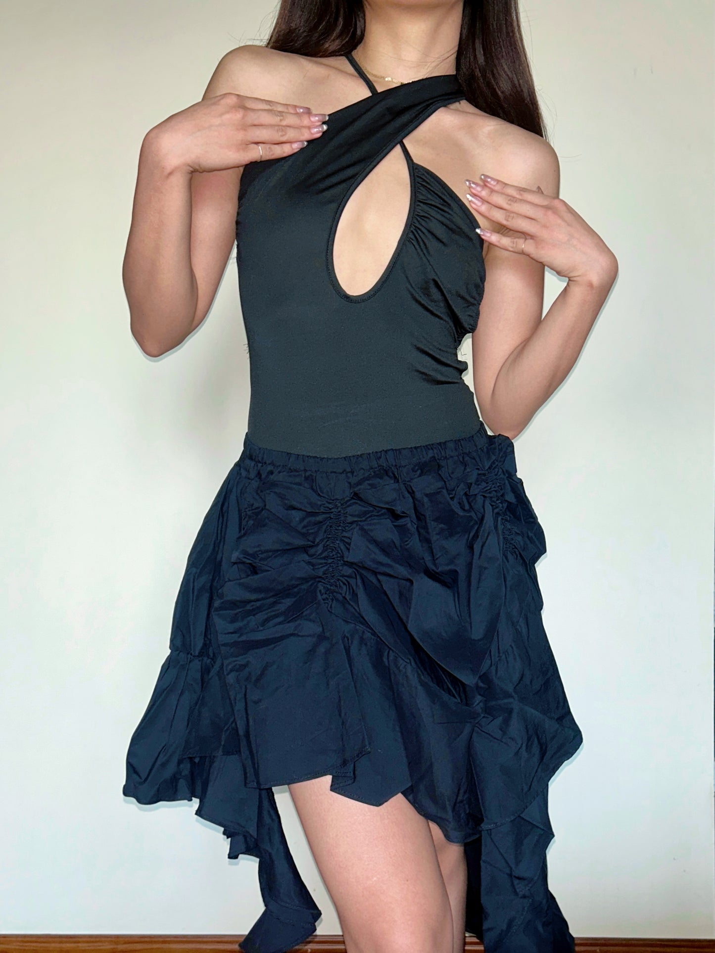 Black Tiered Ruffle Midi Skirt