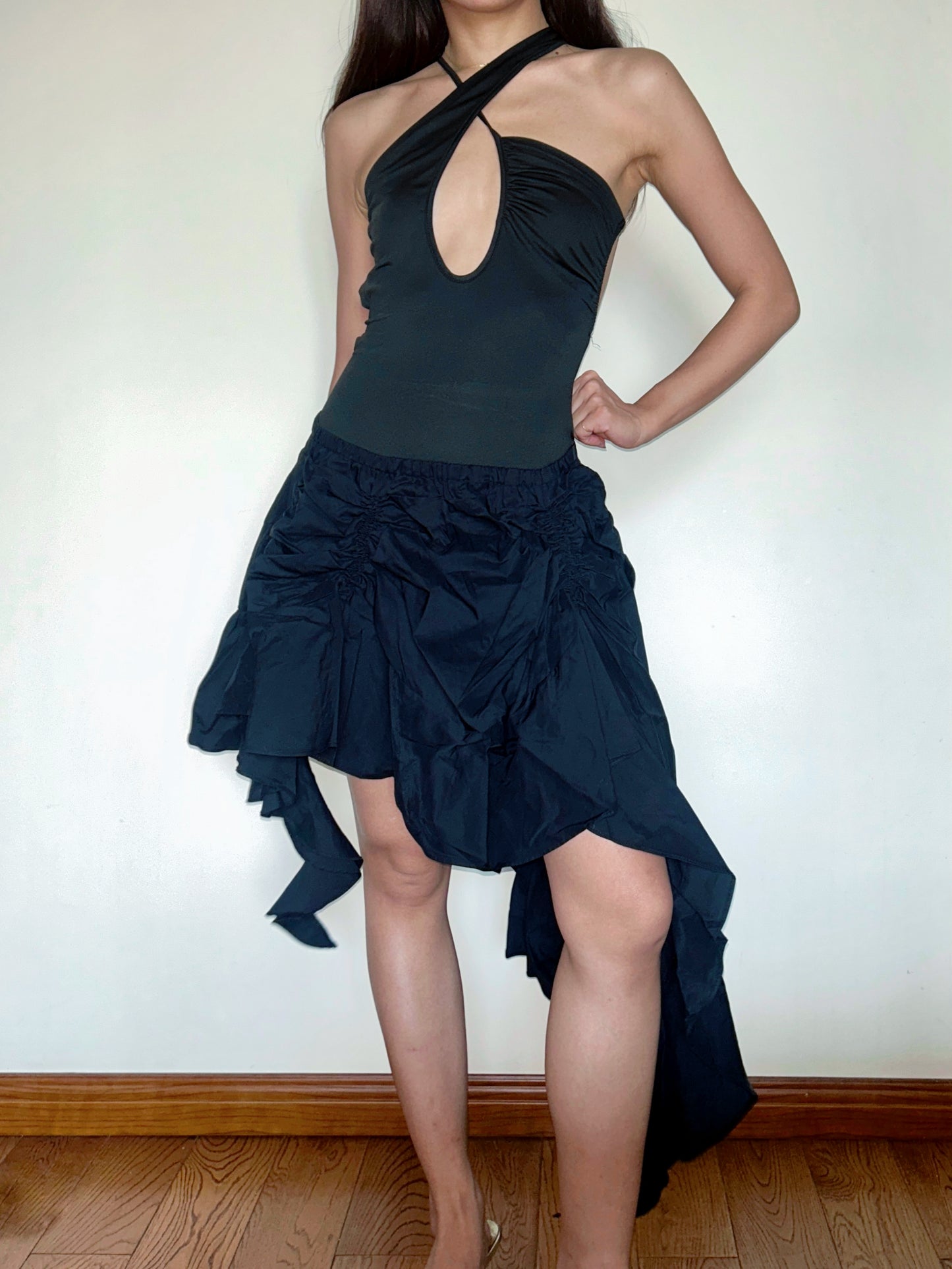 Black Tiered Ruffle Midi Skirt