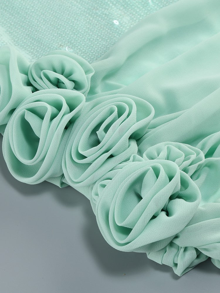 Turquoise Sequin Mini Dress 3D Floral