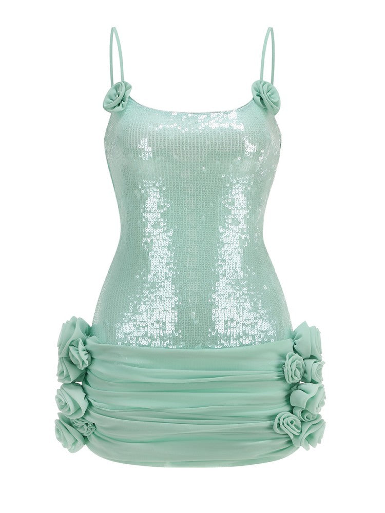 Turquoise Sequin Mini Dress 3D Floral
