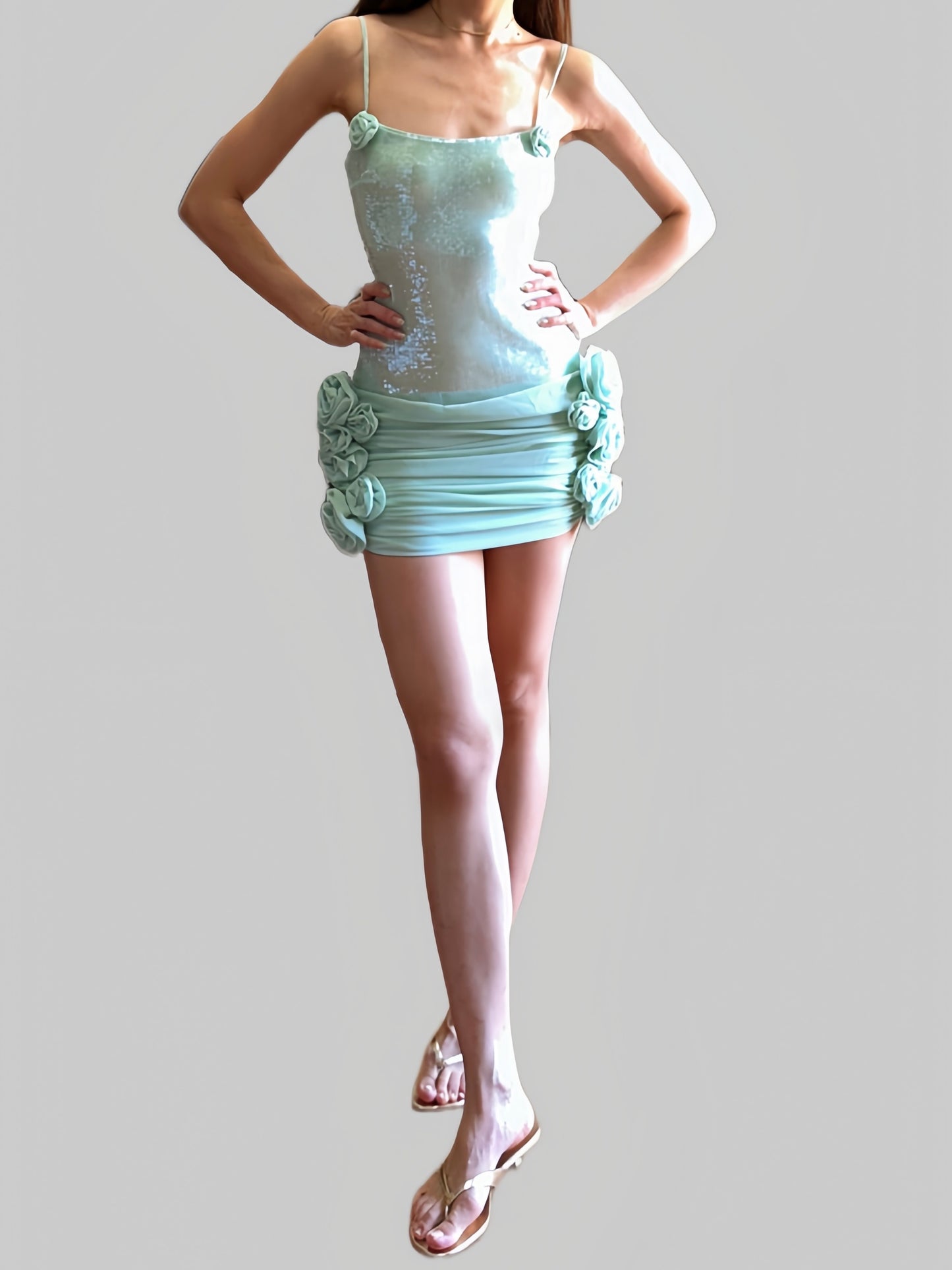 Turquoise Sequin Mini Dress 3D Floral