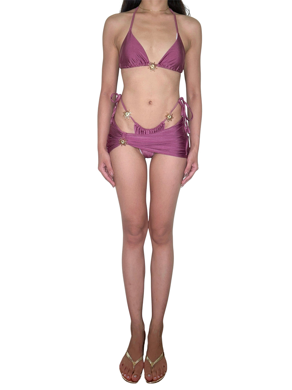 Purple Mermaid Satin Shimmer Effect Bikini Set – 3-Piece with Metallic Sun Accents