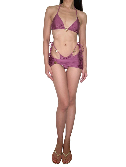 Purple Mermaid Satin Shimmer Effect Bikini Set – 3-Piece with Metallic Sun Accents