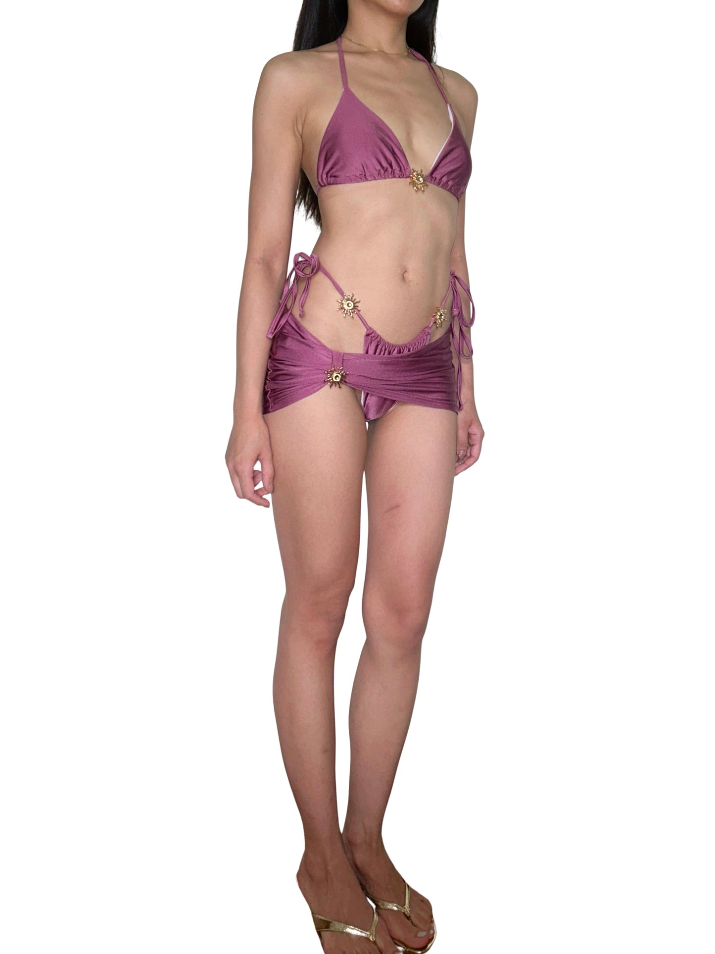 Purple Mermaid Satin Shimmer Effect Bikini Set – 3-Piece with Metallic Sun Accents