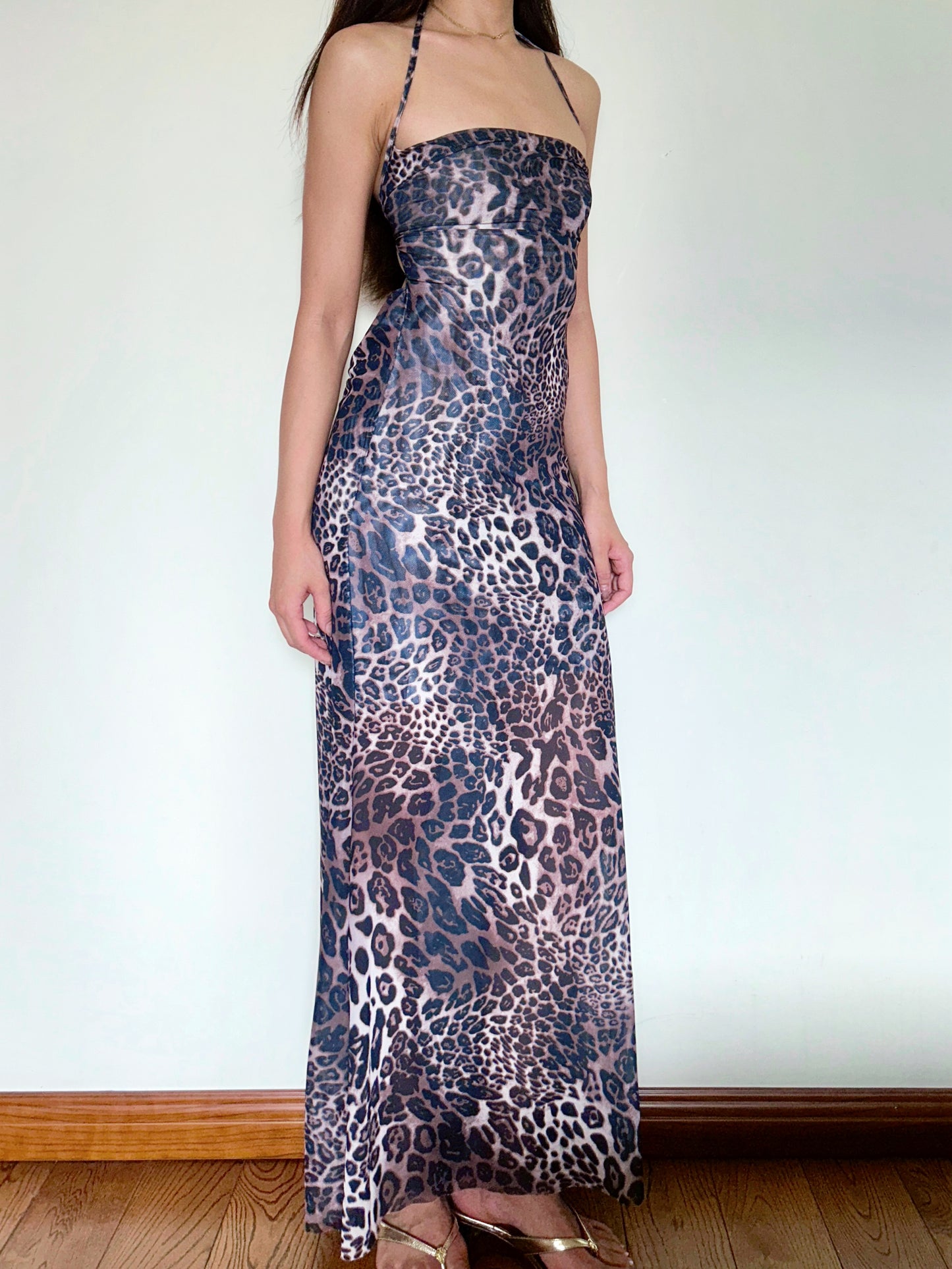Leopard Mesh Dress Open Back Halter with Strappy Detail