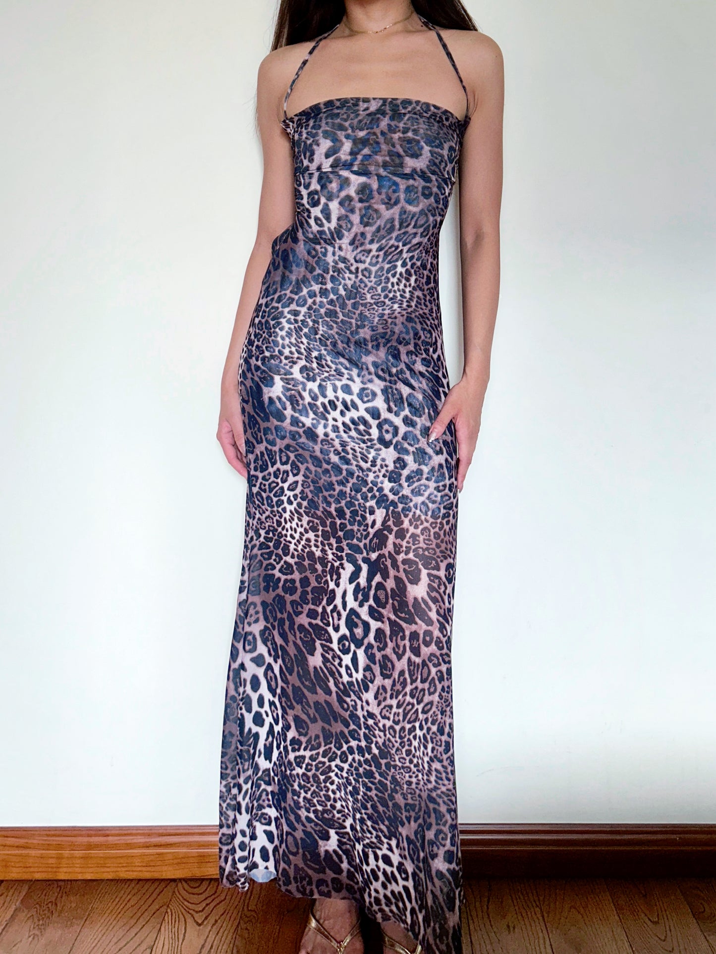 Leopard Mesh Dress Open Back Halter with Strappy Detail