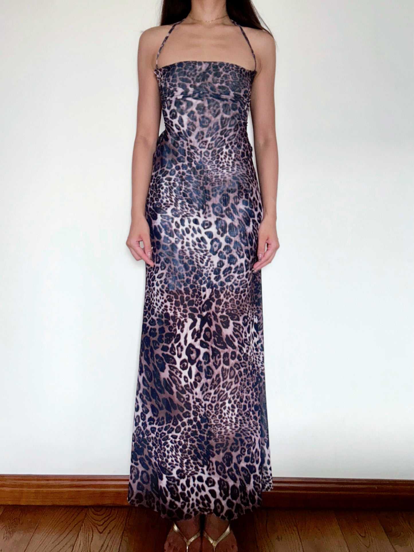 Leopard Mesh Dress Open Back Halter with Strappy Detail