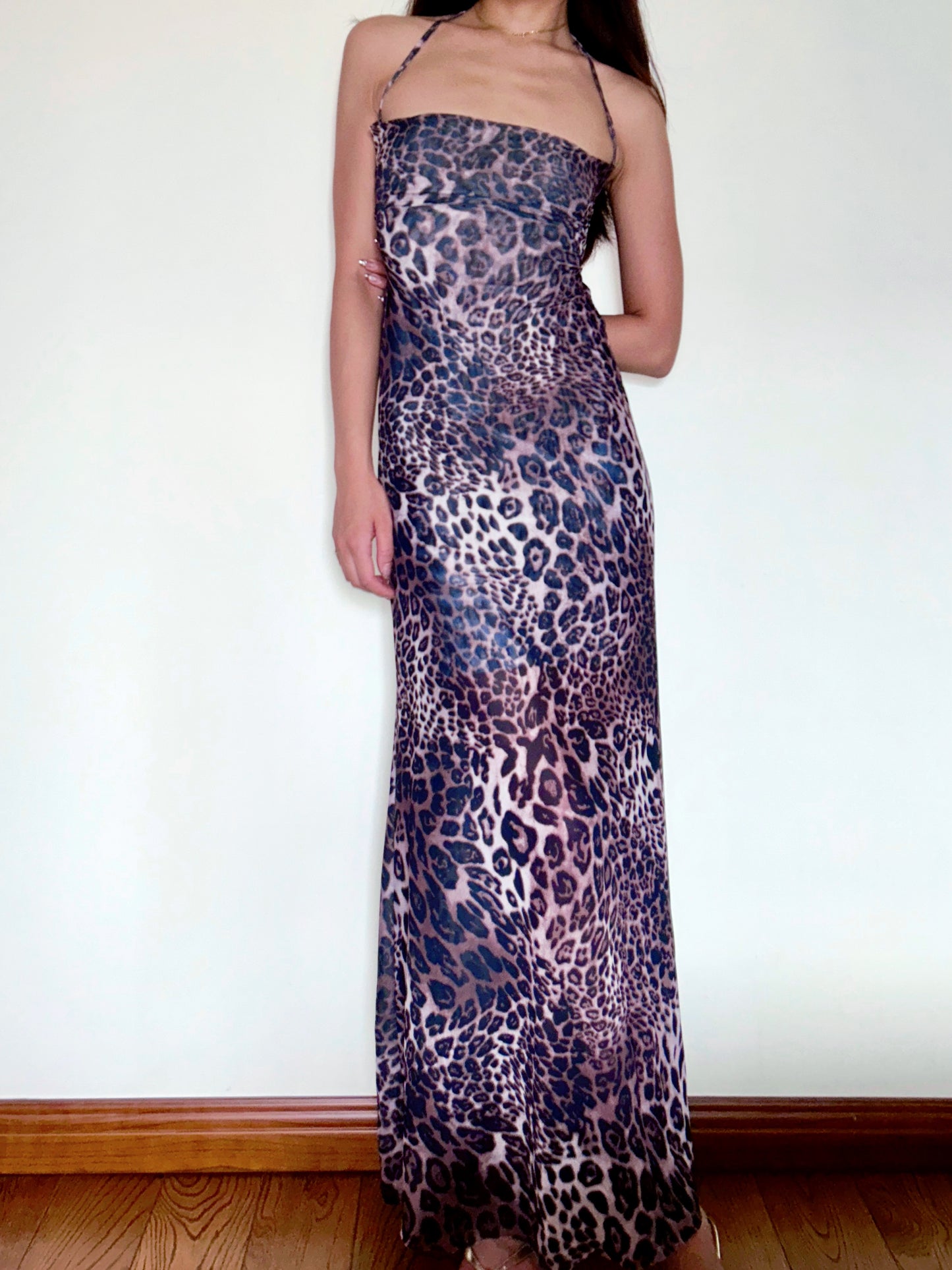 Leopard Mesh Dress Open Back Halter with Strappy Detail