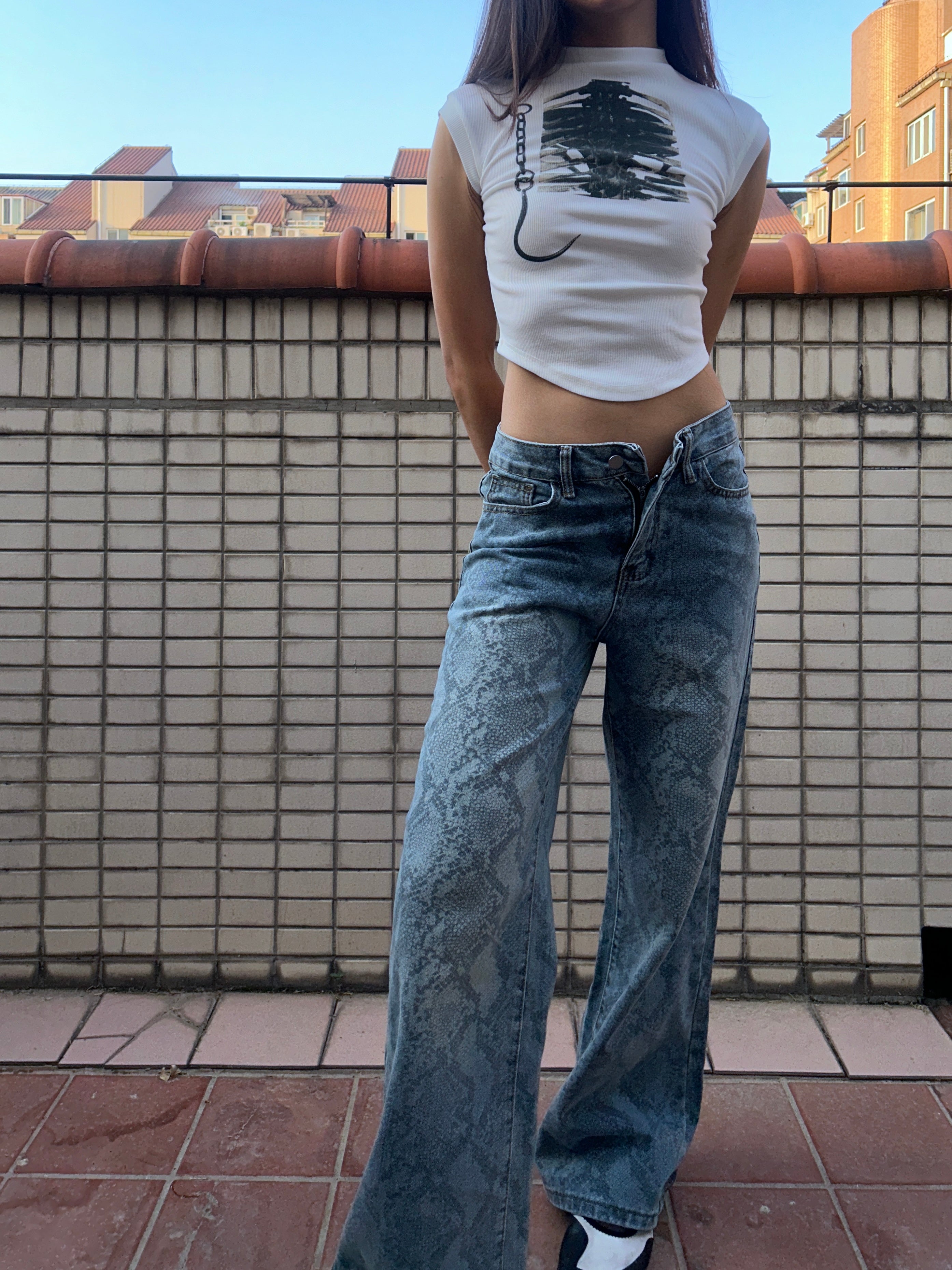 Snake Print Wide Leg Jeans Mid Rise Stretch Denim