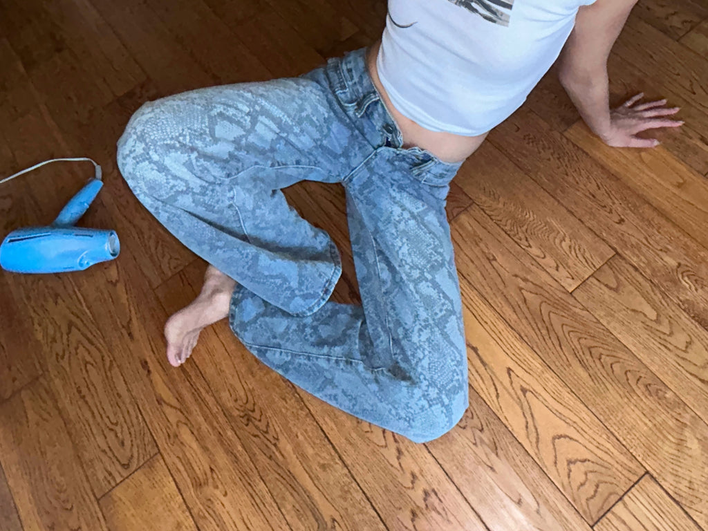 Snake Print Wide Leg Jeans Mid Rise Stretch Denim