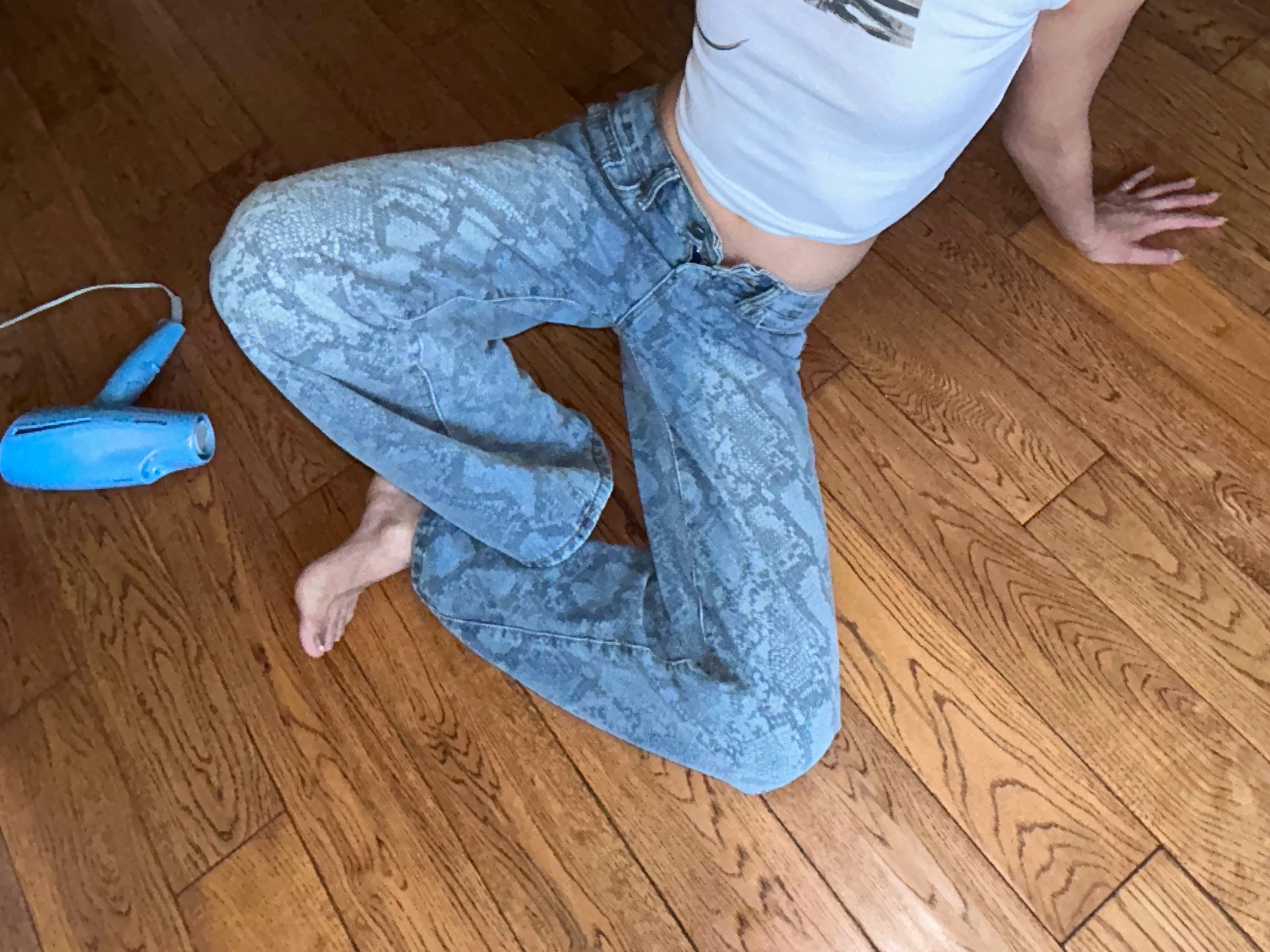 Snake Print Wide Leg Jeans Mid Rise Stretch Denim