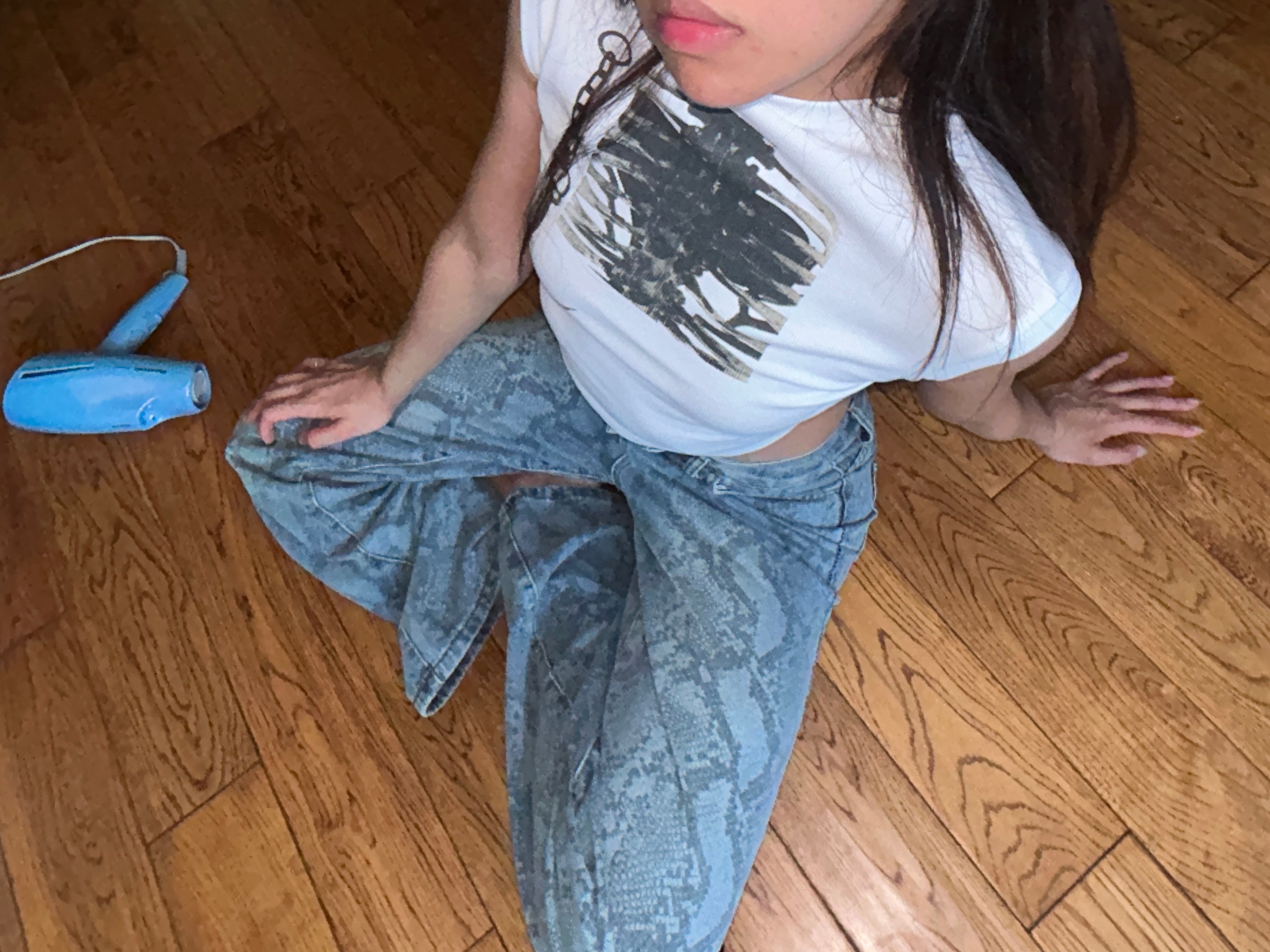 Snake Print Wide Leg Jeans Mid Rise Stretch Denim