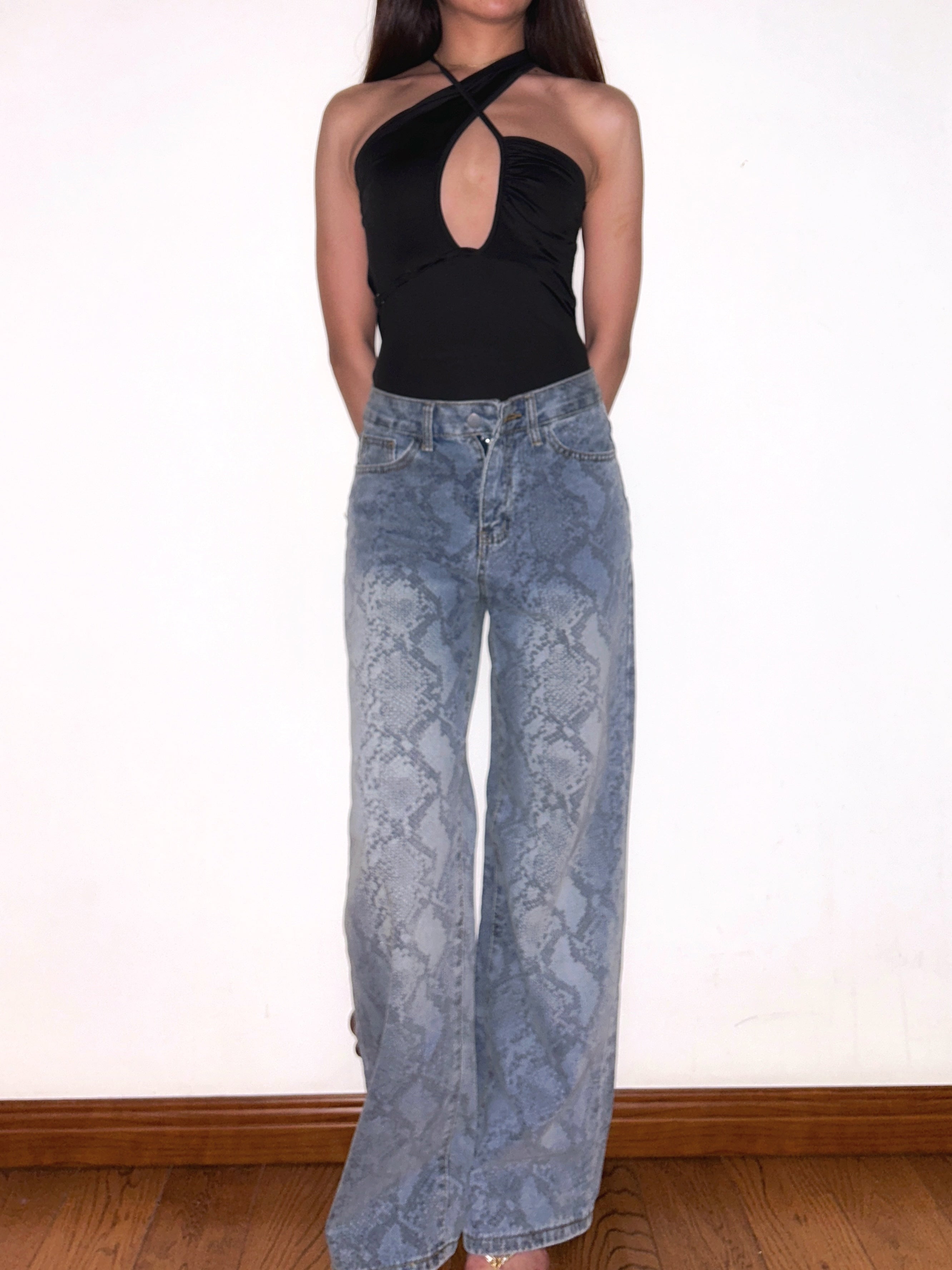 Snake Print Wide Leg Jeans Mid Rise Stretch Denim