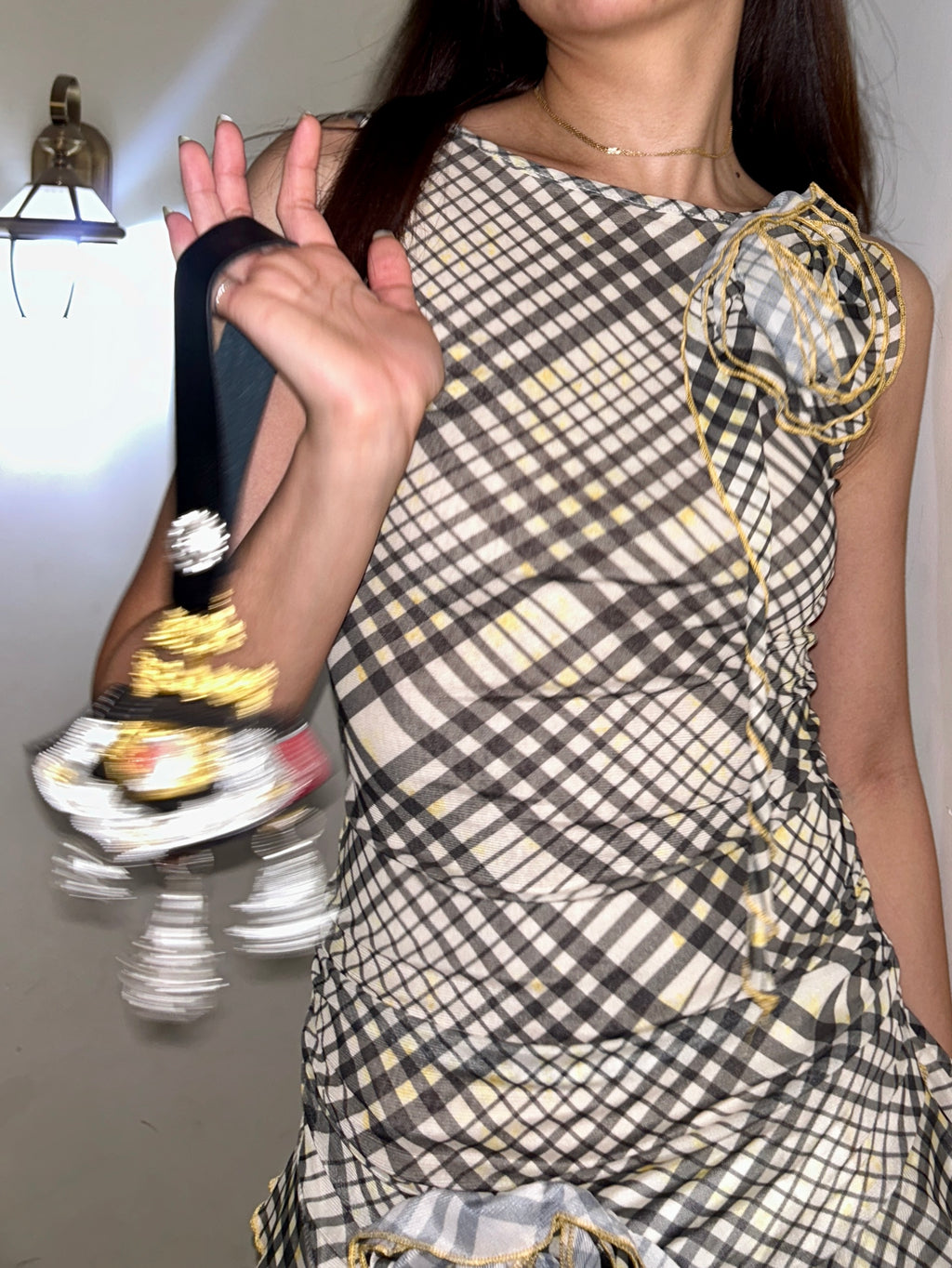 Greenish Brown Check Tiered Top with 3D Rose Details