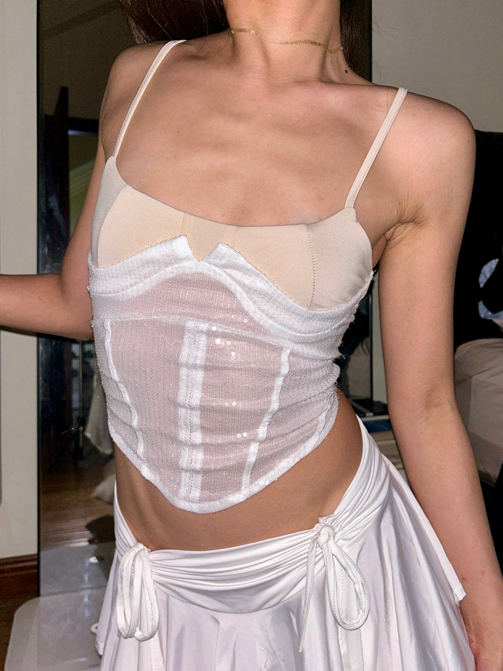 White Tiered Ruffle Mini Skirt Layered Pleated Design