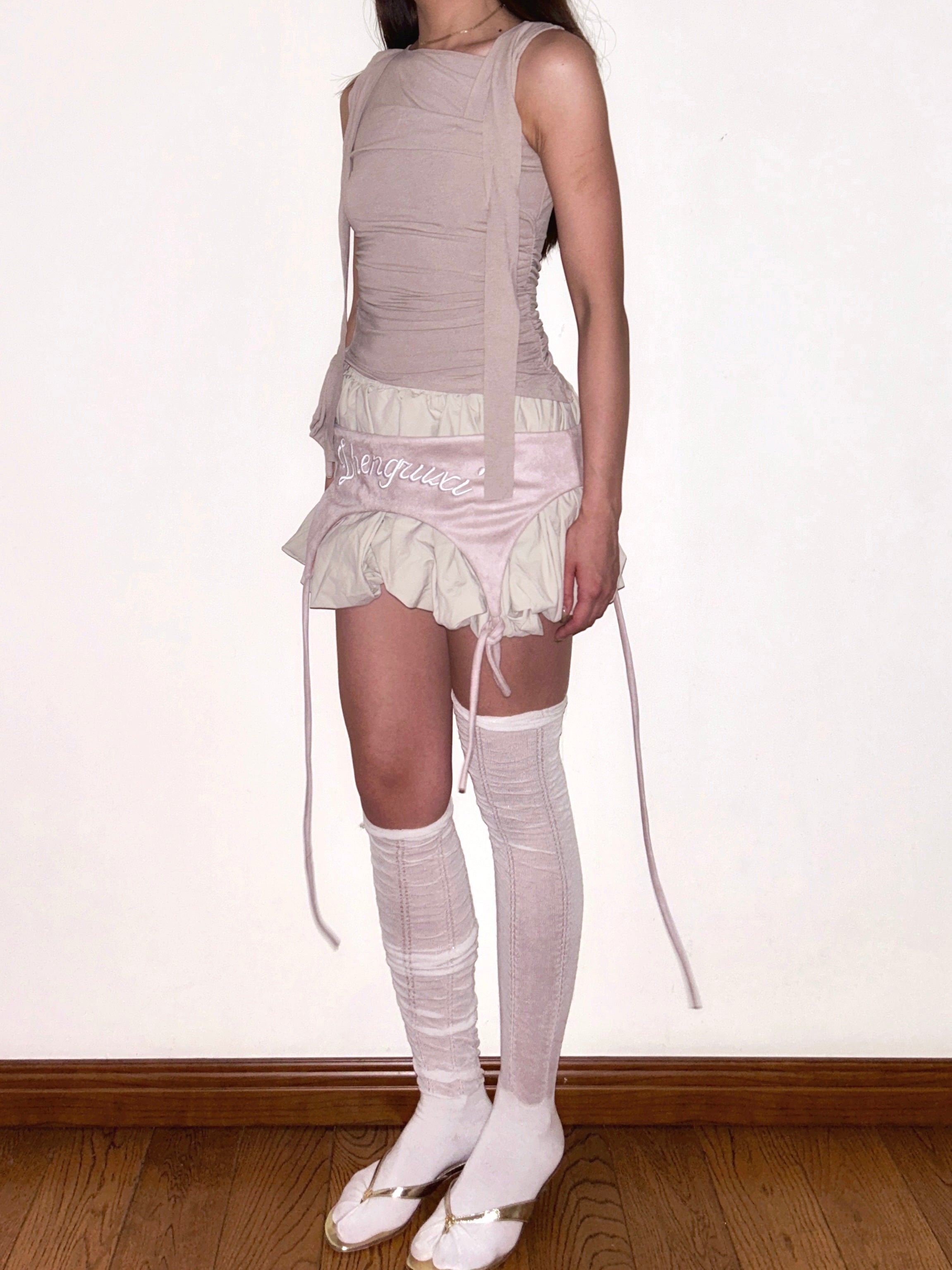 Beige Bubble Hem Skirt with Detachable Suspenders