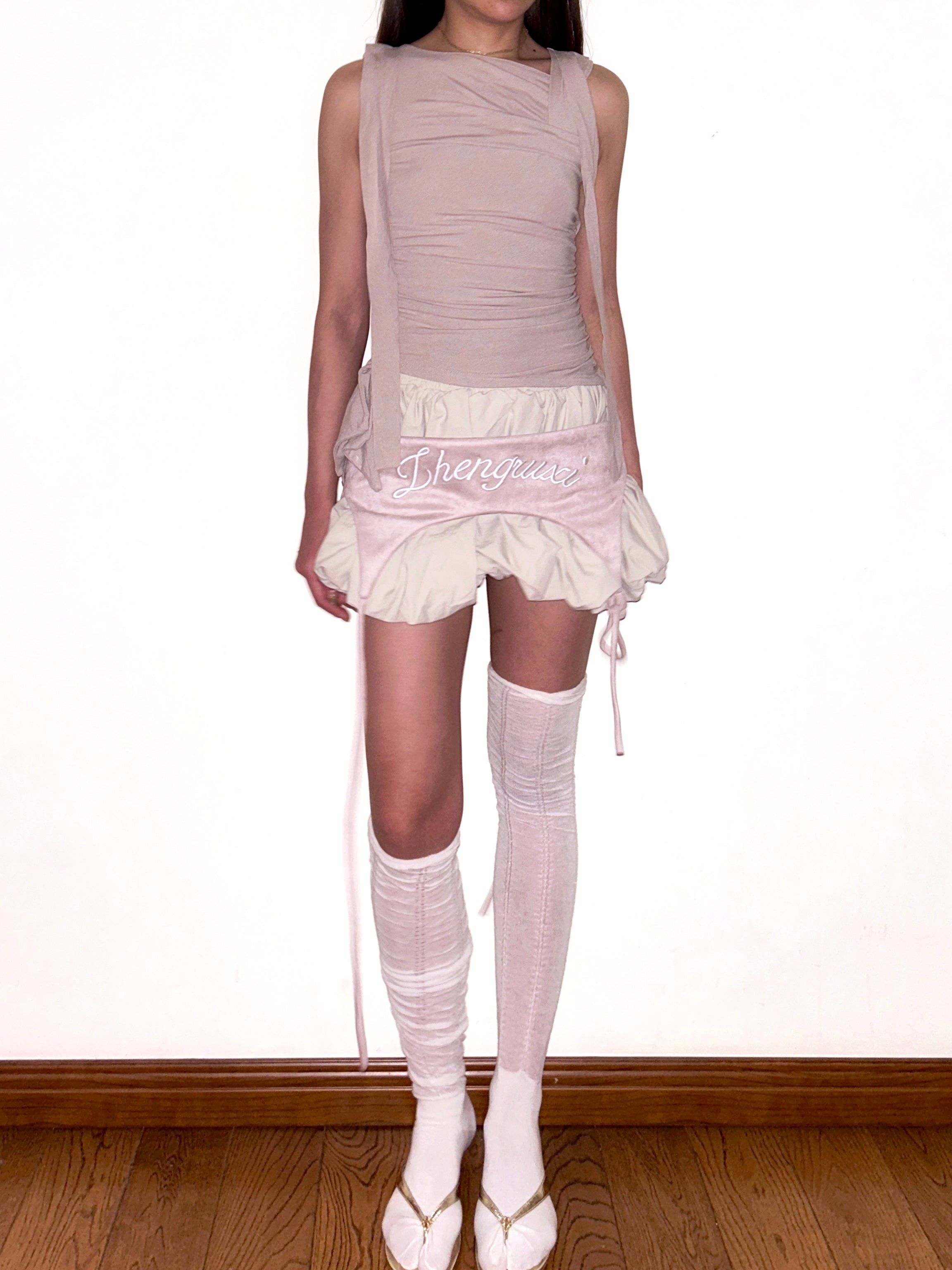 Beige Bubble Hem Skirt with Detachable Suspenders