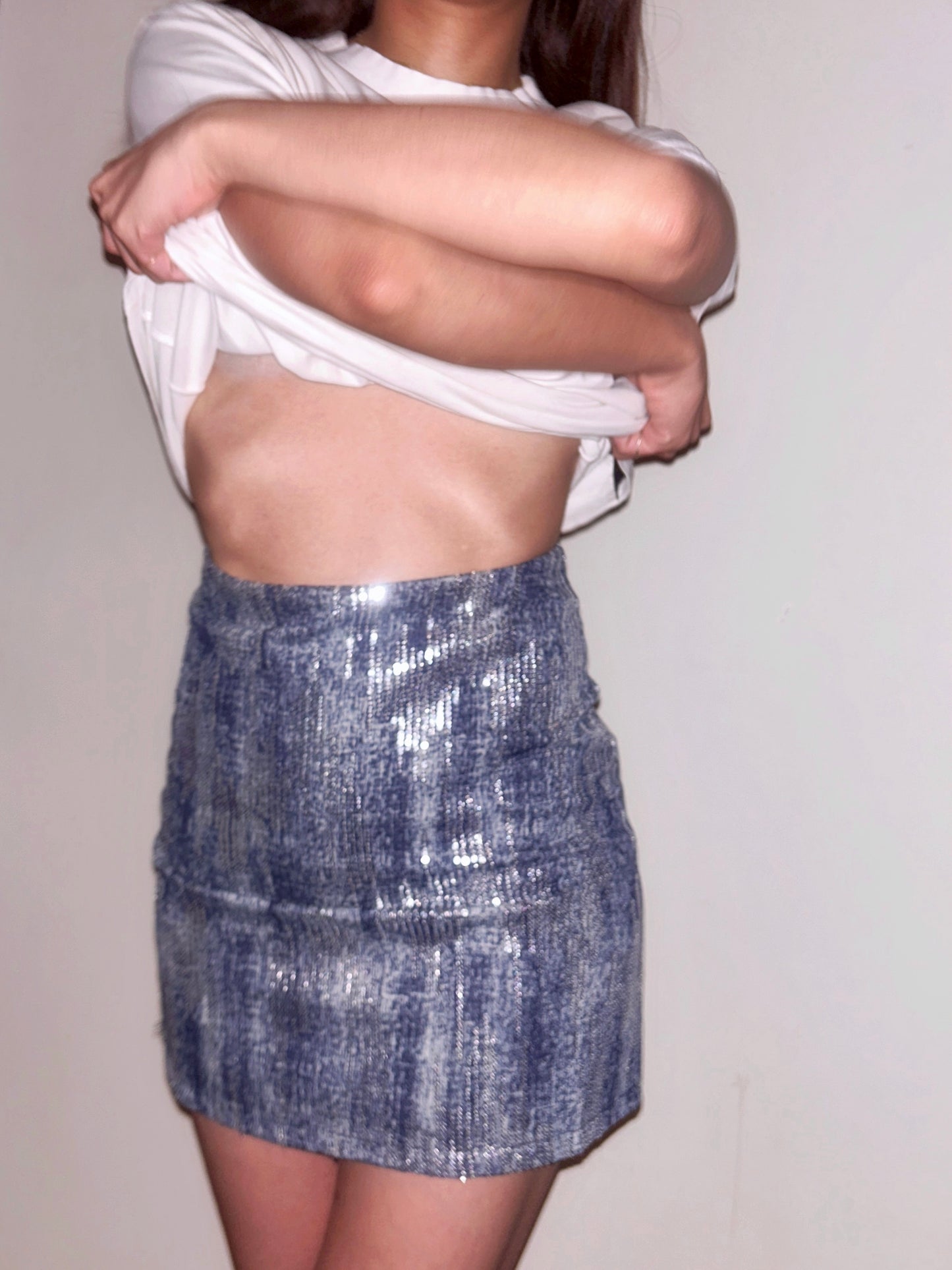 Blue Sequin High Waisted Denim Mini Skirt