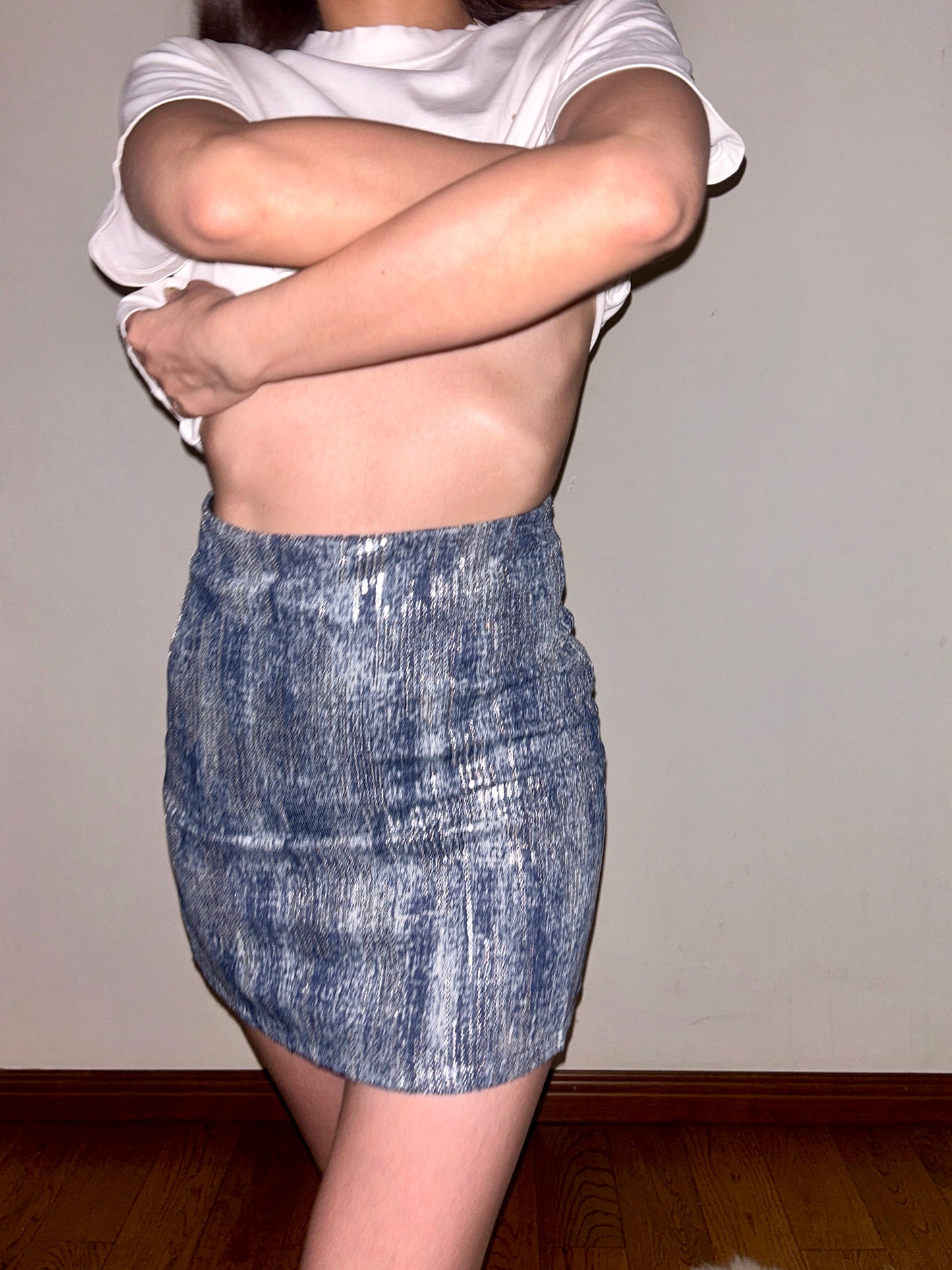 Blue Sequin High Waisted Denim Mini Skirt