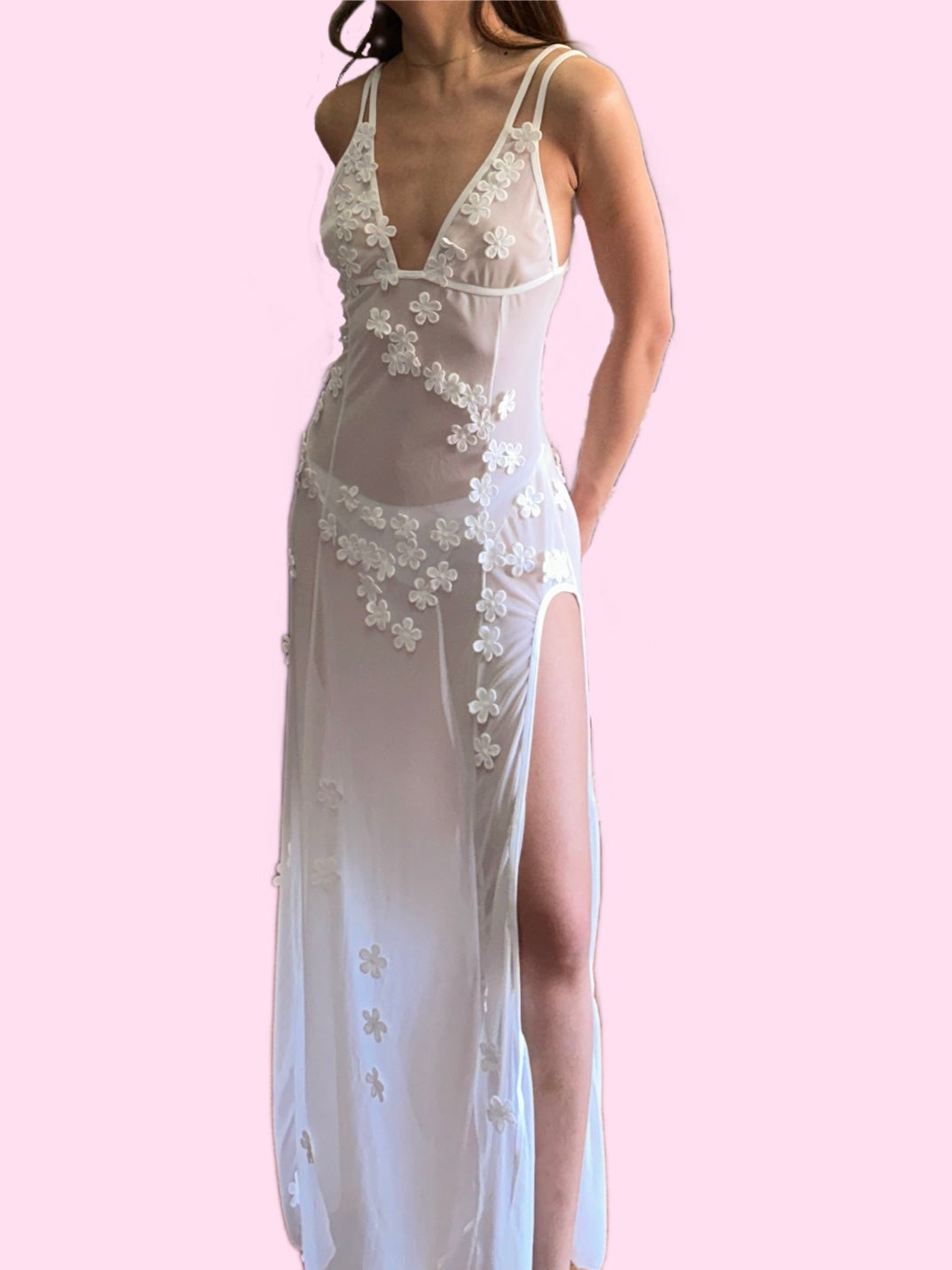 White Sheer Mesh Maxi Dress Floral Embellished with V Neck