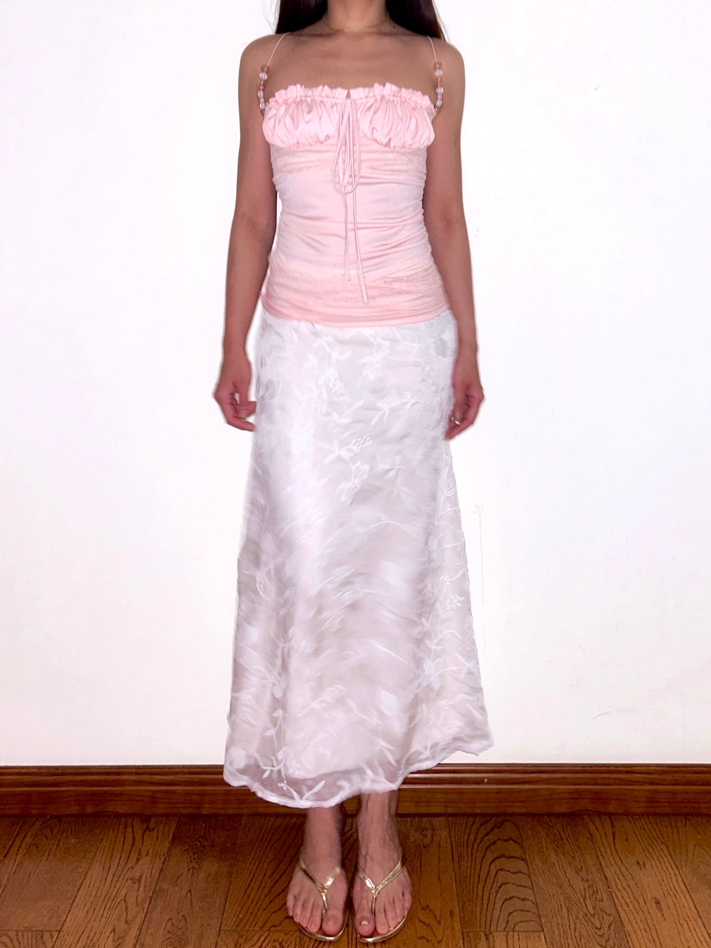 Pink Beaded Lace Camisole Tiered Ruffle Detail & Adjustable Straps