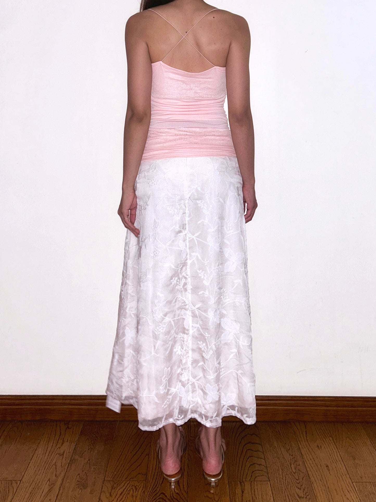 Pink Beaded Lace Camisole Tiered Ruffle Detail & Adjustable Straps