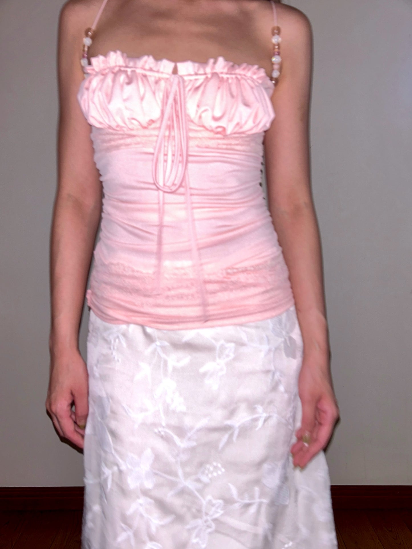 Pink Beaded Lace Camisole Tiered Ruffle Detail & Adjustable Straps