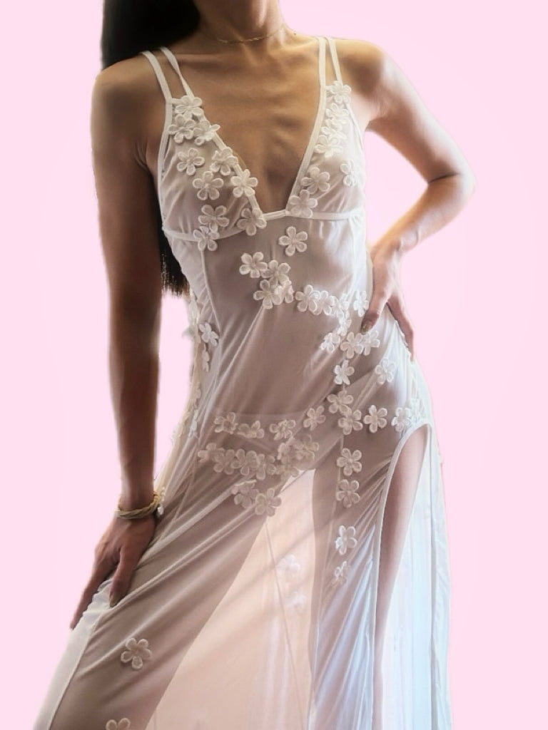White Sheer Mesh Maxi Dress Floral Embellished with V Neck