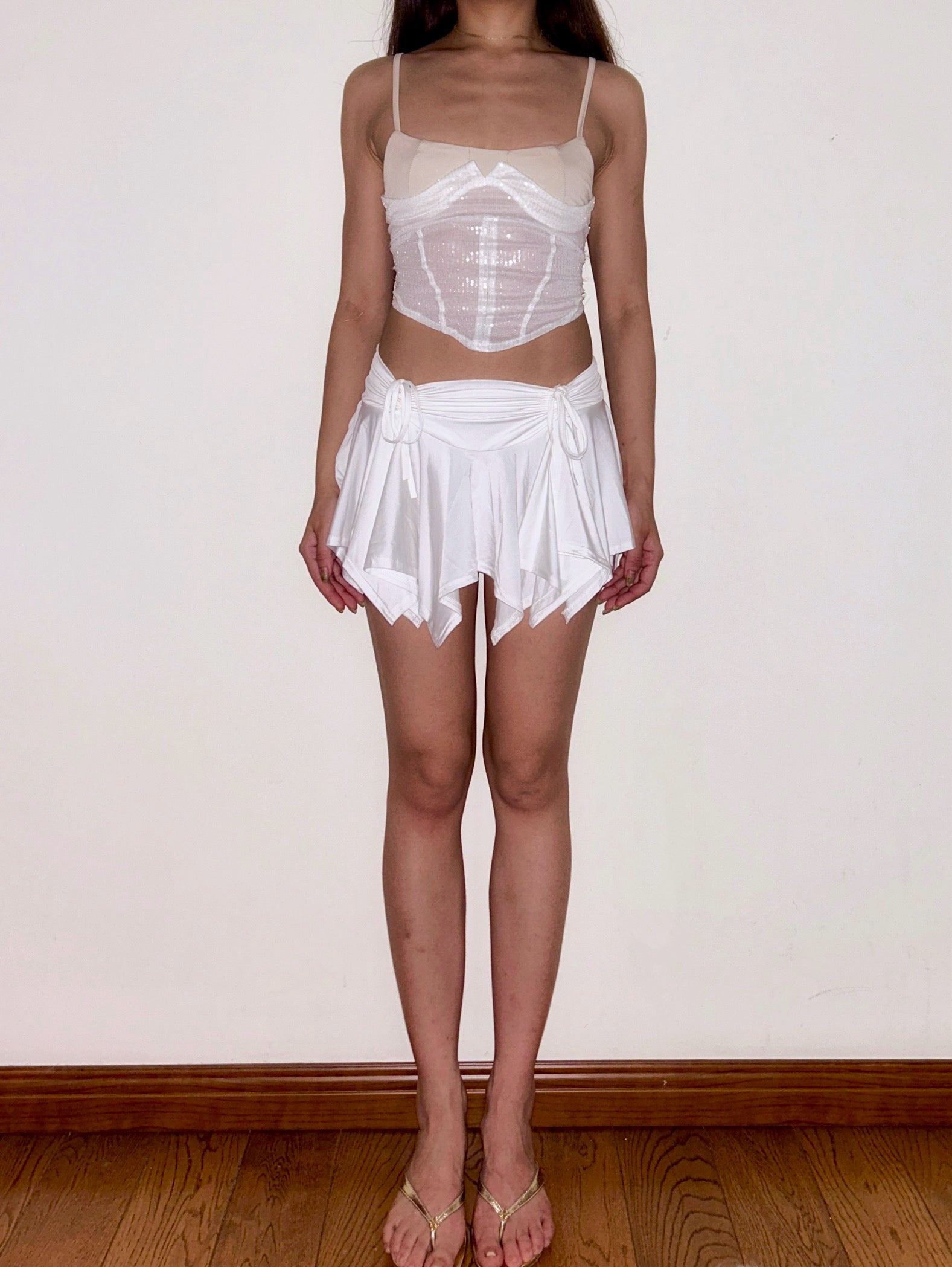 White Tiered Ruffle Mini Skirt Layered Pleated Design