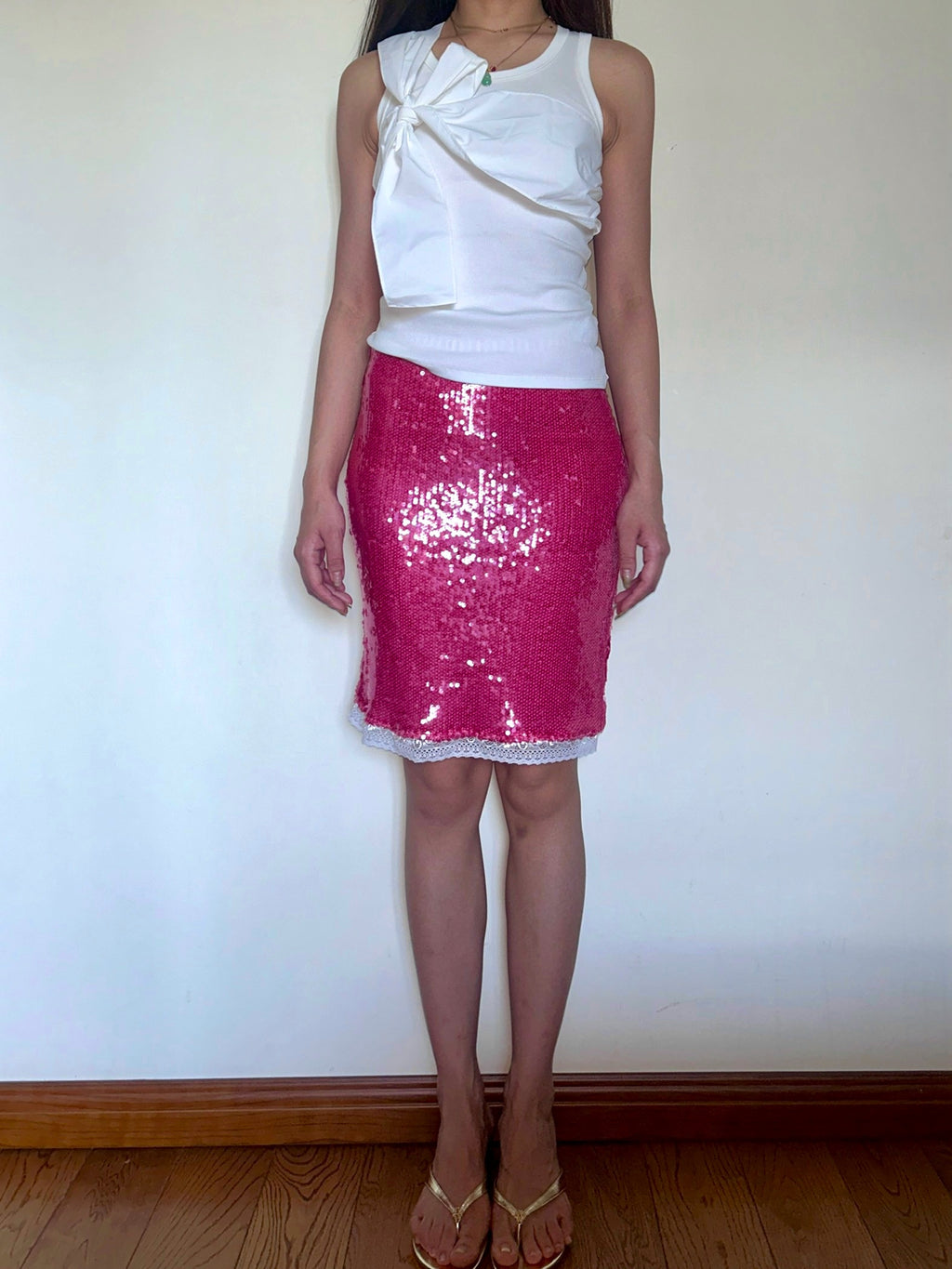 Pink Sequin Midi Skirt Metallic Lace with Stretch Fit