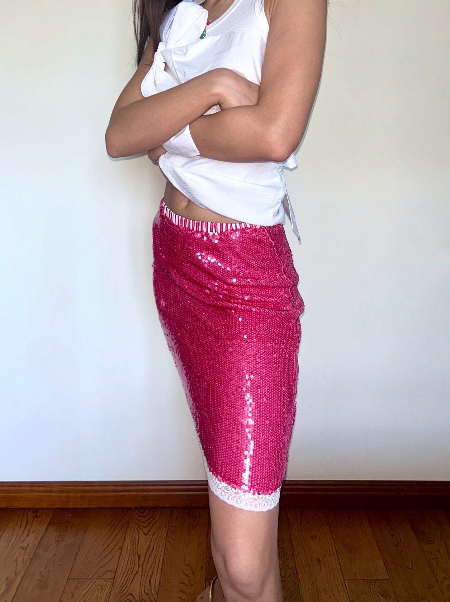 Pink Sequin Midi Skirt Metallic Lace with Stretch Fit