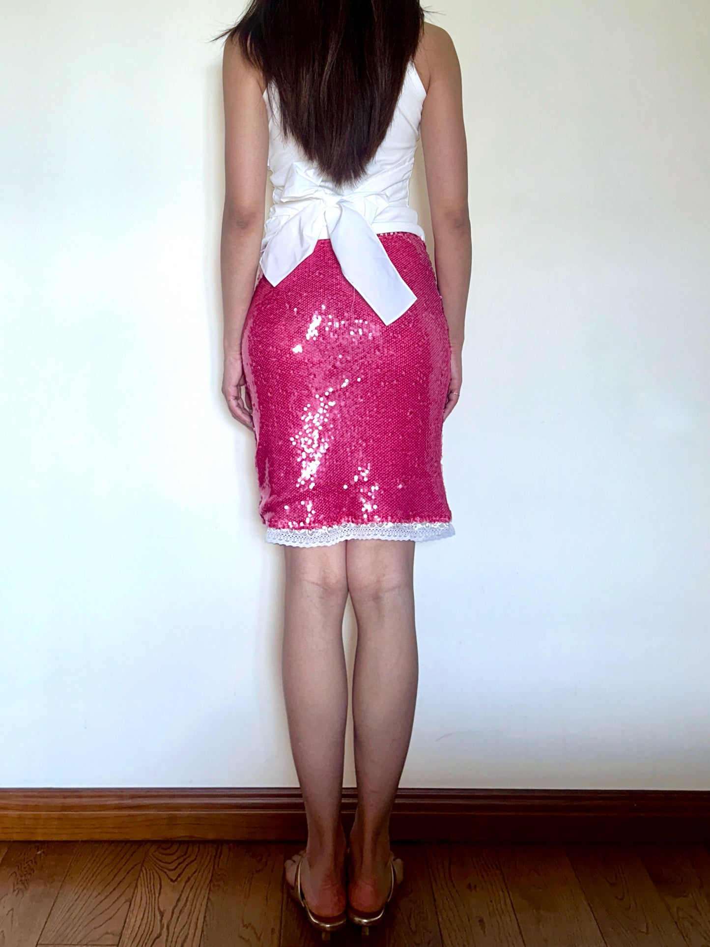 Pink Sequin Midi Skirt Metallic Lace with Stretch Fit