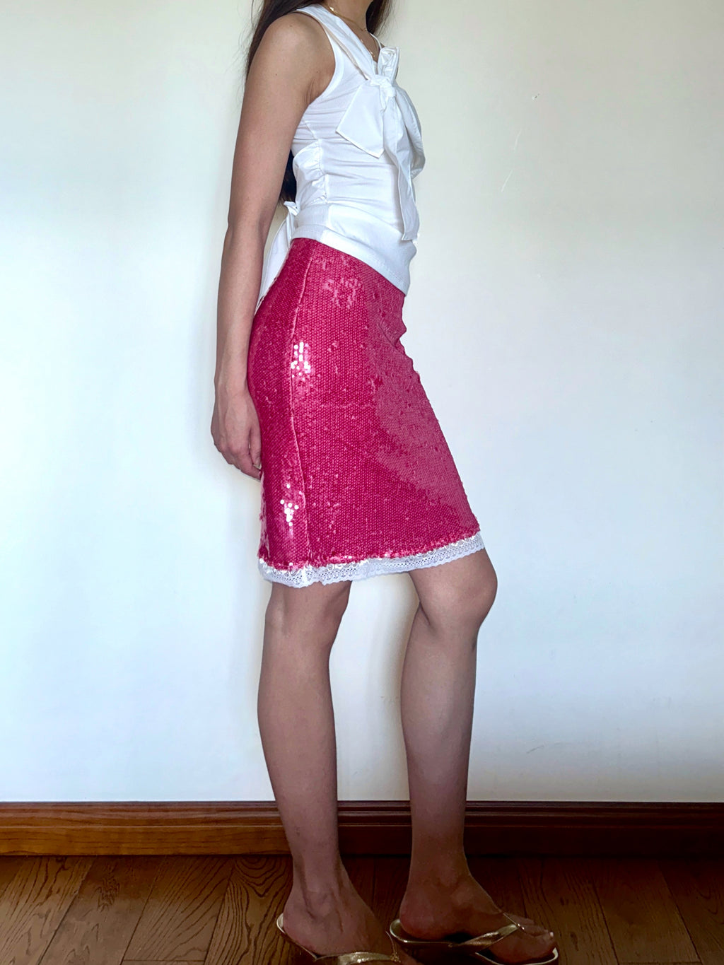 Pink Sequin Midi Skirt Metallic Lace with Stretch Fit