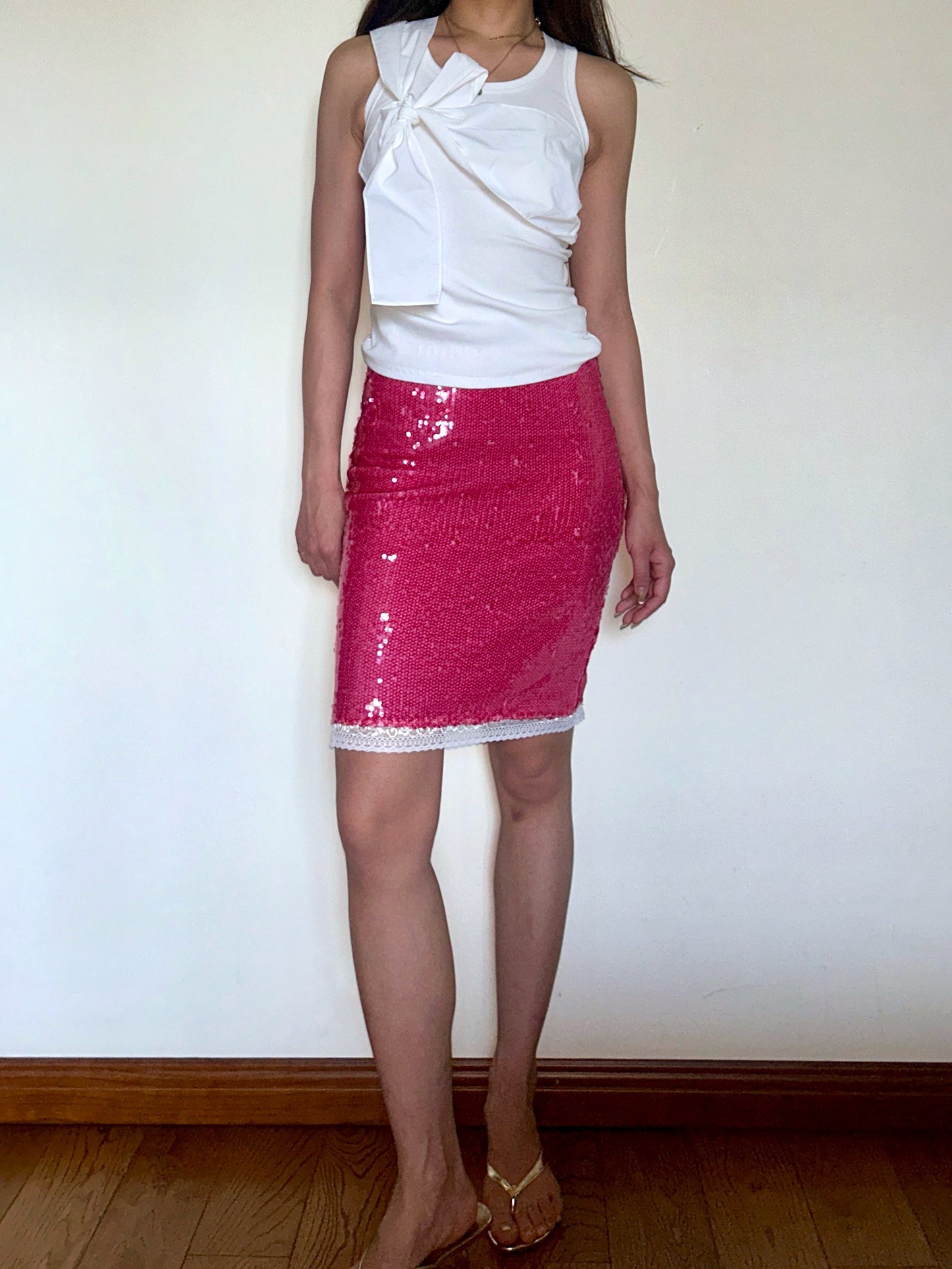 Pink Sequin Midi Skirt Metallic Lace with Stretch Fit