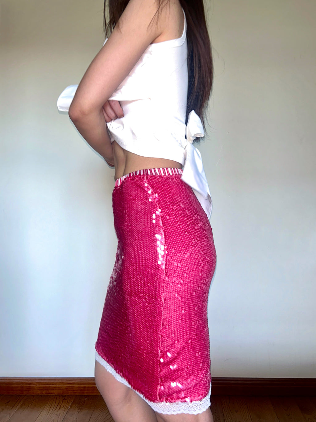Pink Sequin Midi Skirt Metallic Lace with Stretch Fit