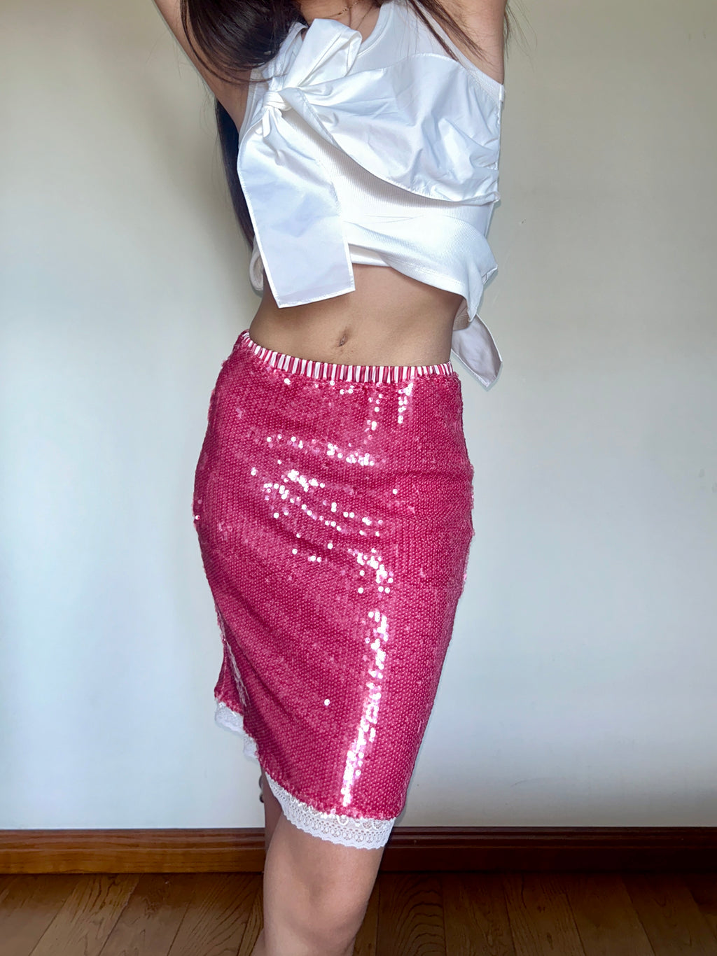 Pink Sequin Midi Skirt Metallic Lace with Stretch Fit