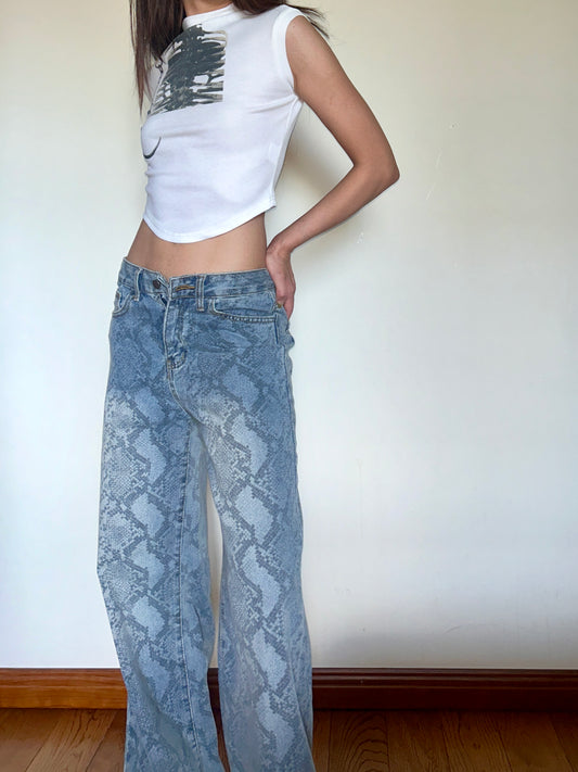 Snake Print Wide Leg Jeans Mid Rise Stretch Denim