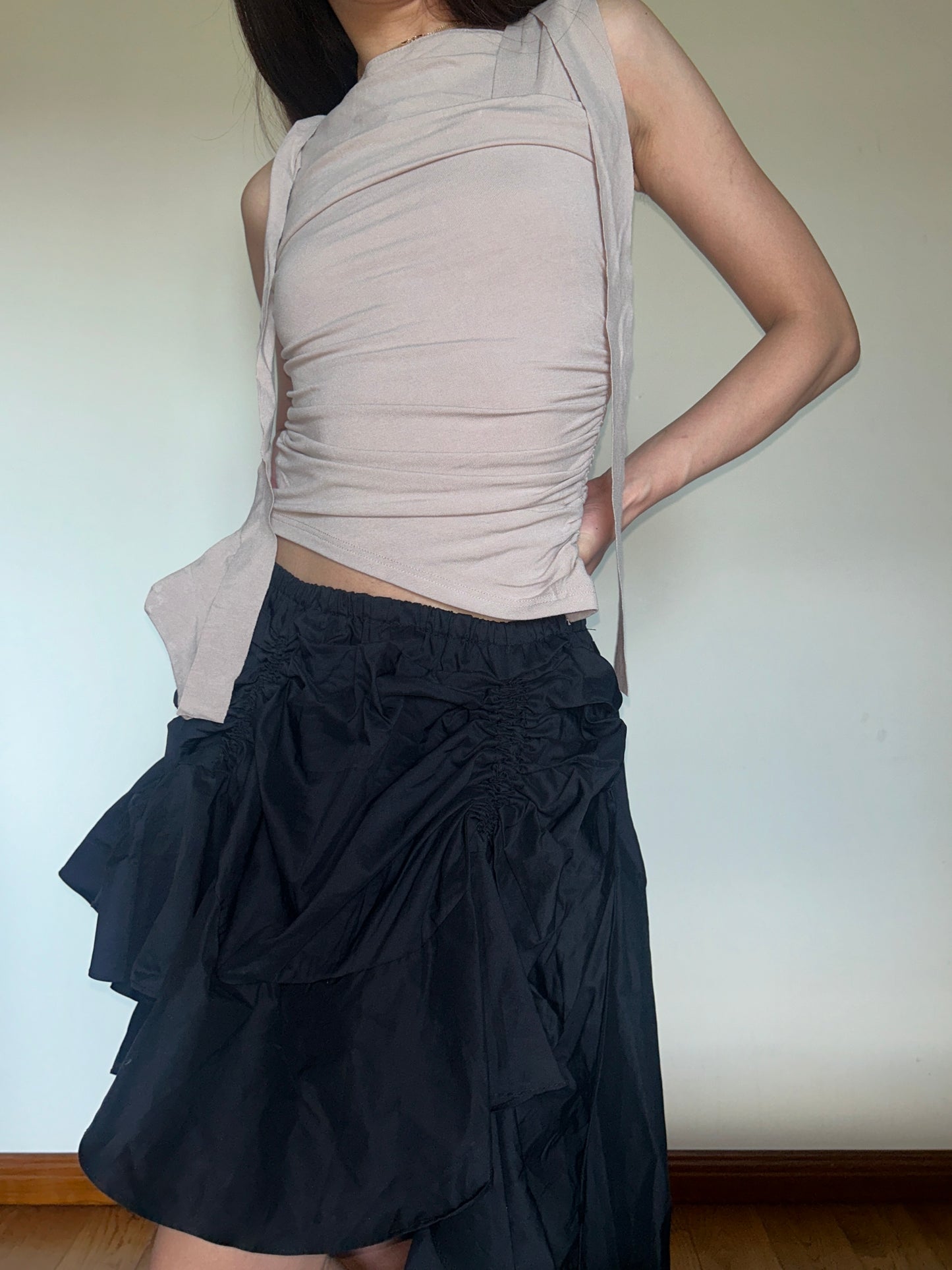 Black Tiered Ruffle Midi Skirt