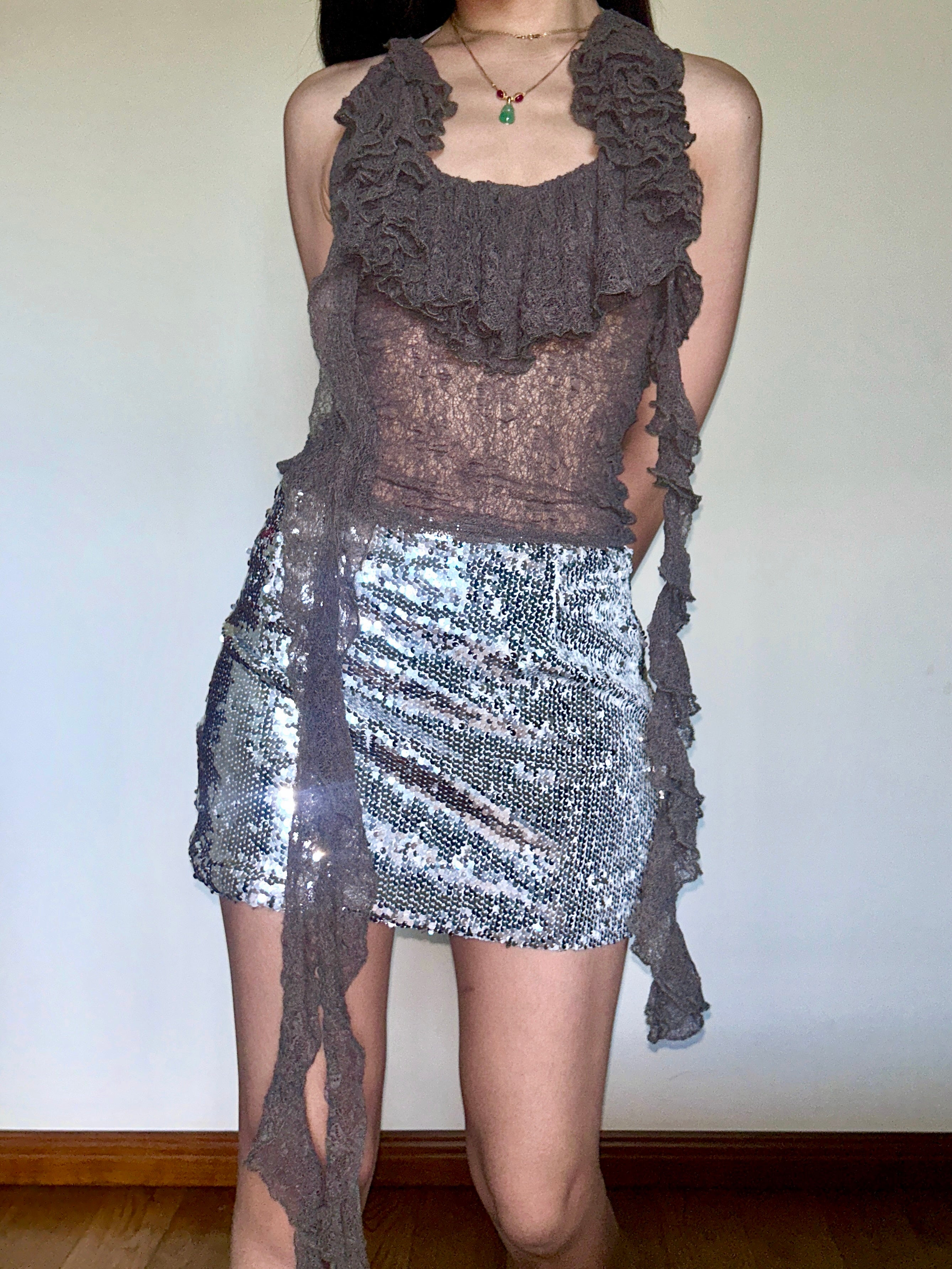 Brown Sheer Lace Top with Tiered Ruffle Detail