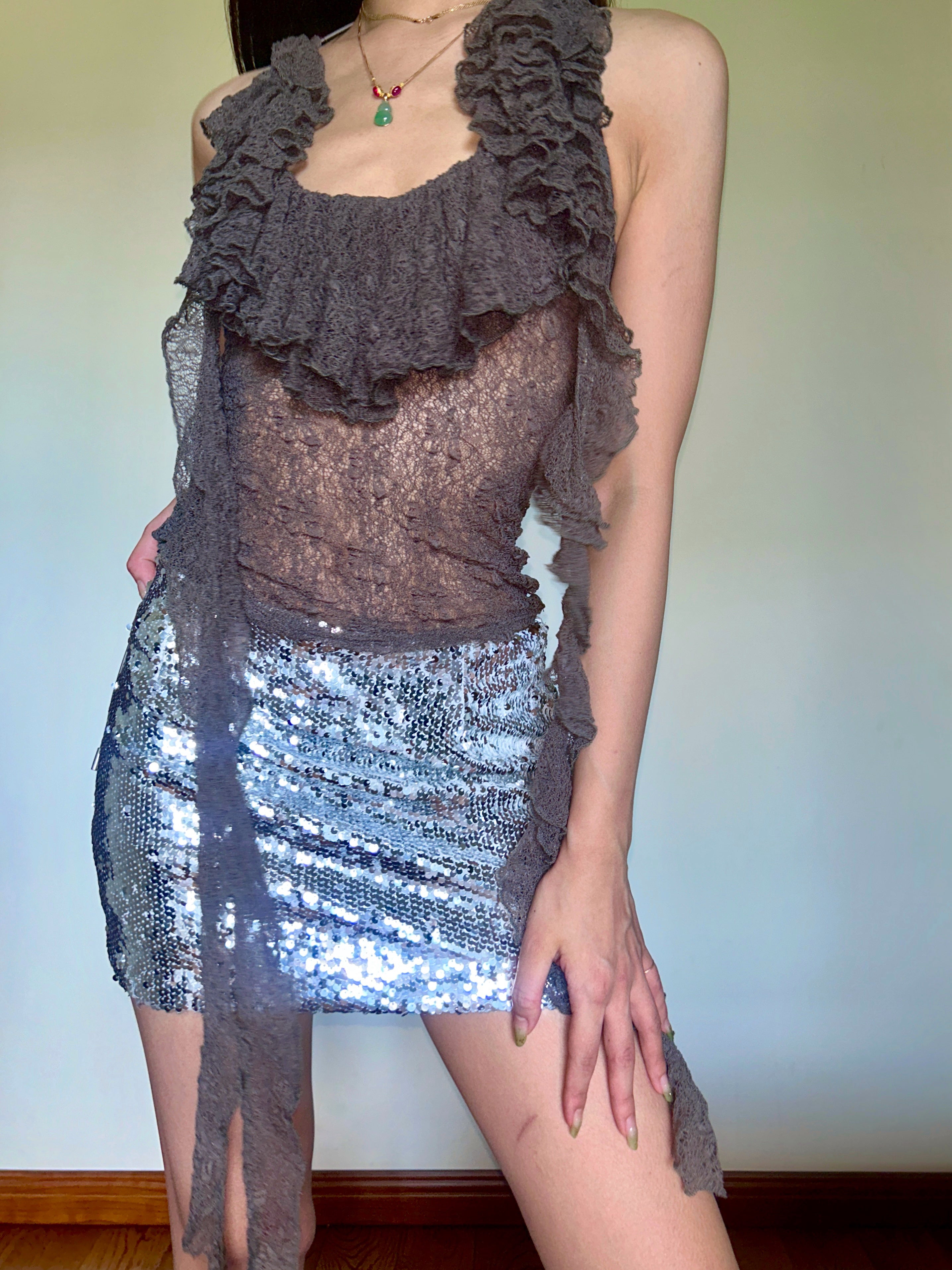 Brown Sheer Lace Top with Tiered Ruffle Detail