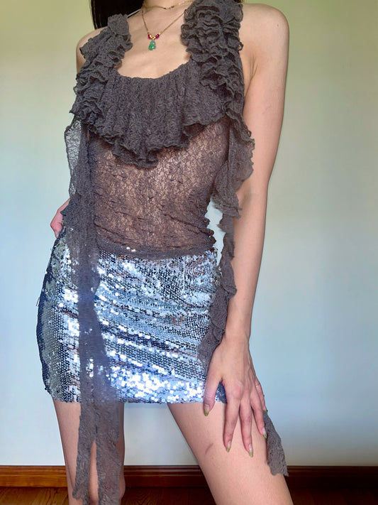 Silver Sequin Mini Skirt Metallic High Shine with Stretch Fit