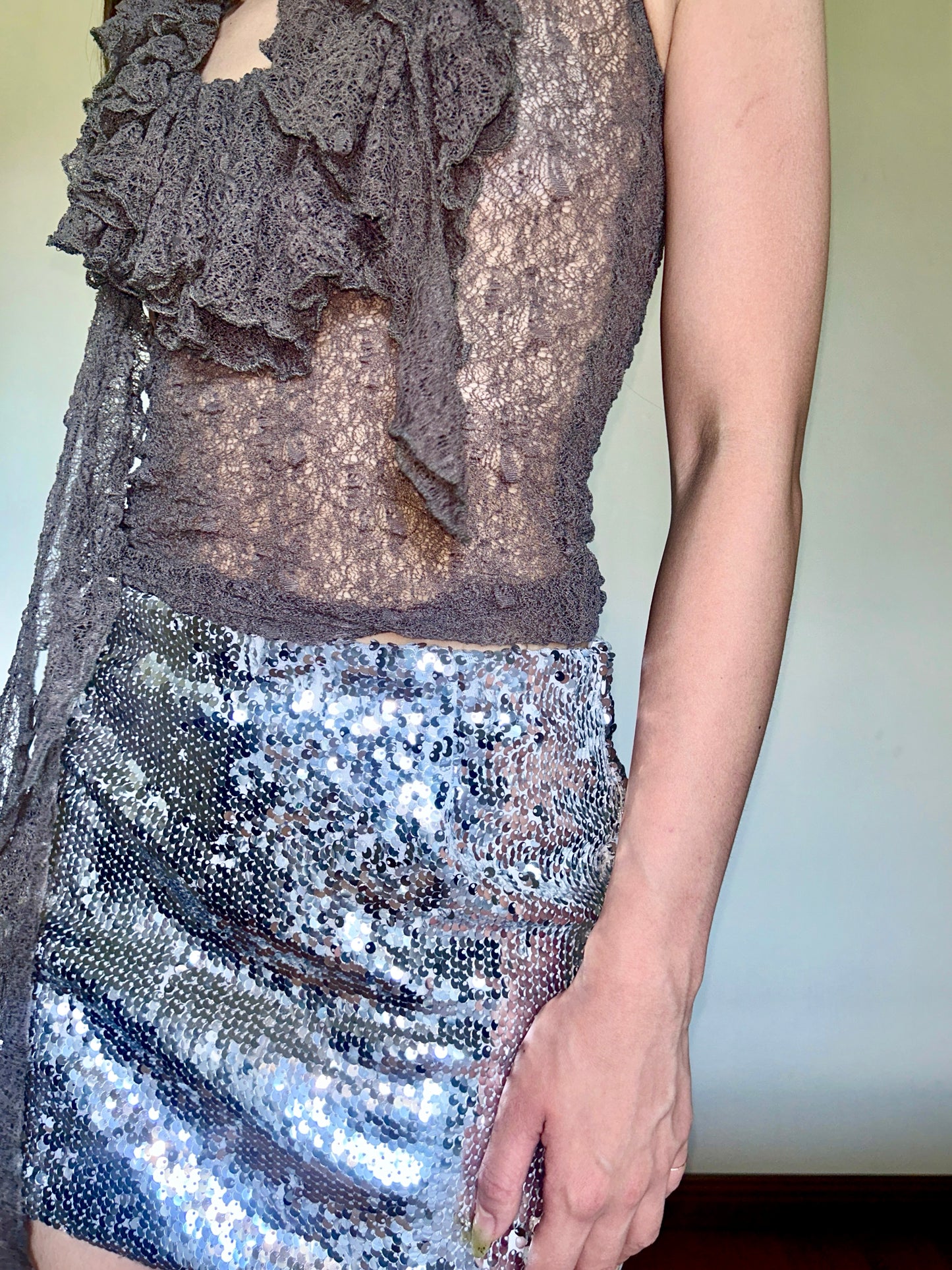 Brown Sheer Lace Top with Tiered Ruffle Detail