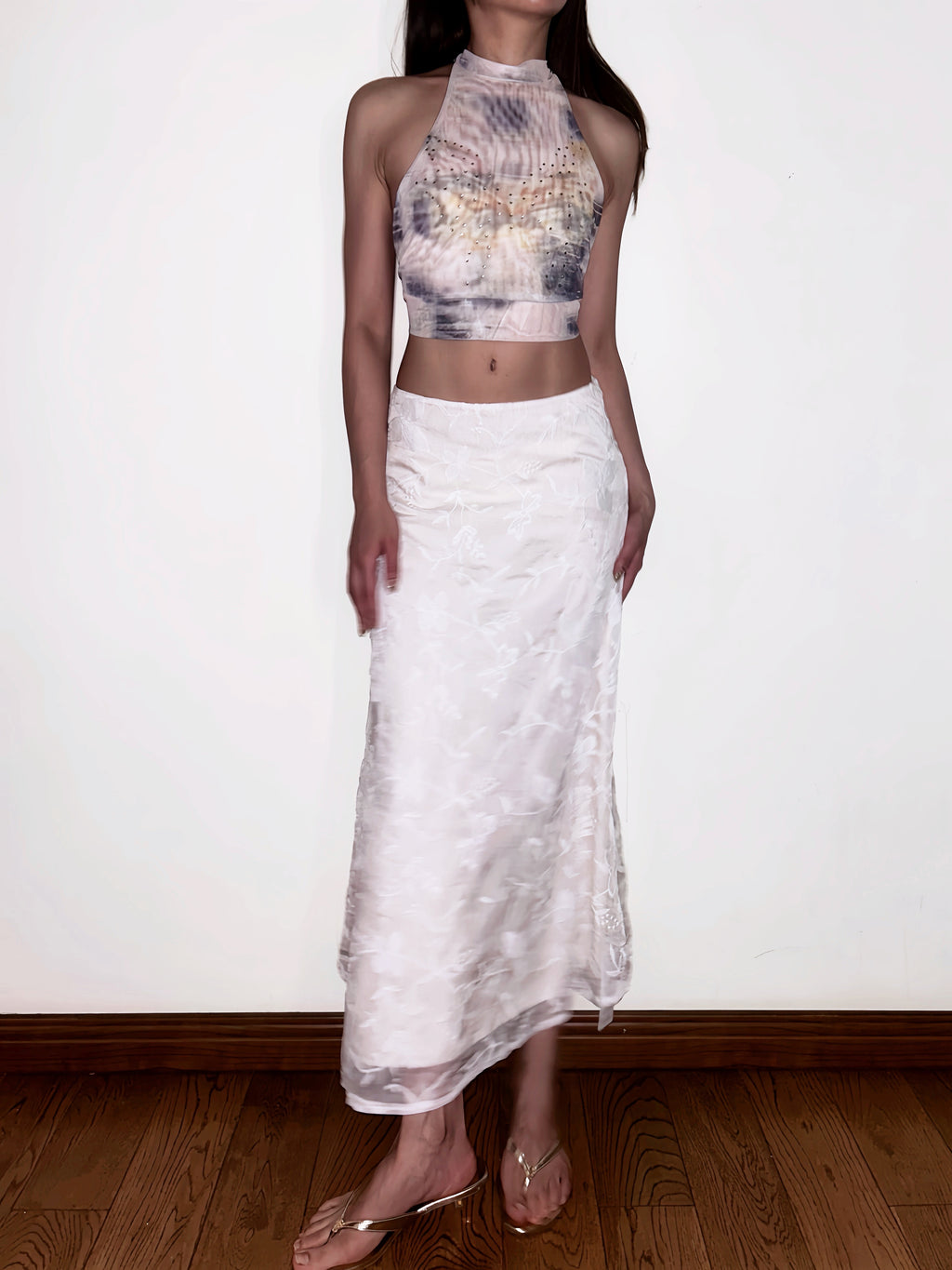White Floral Embroidered Low Waist Maxi Skirt